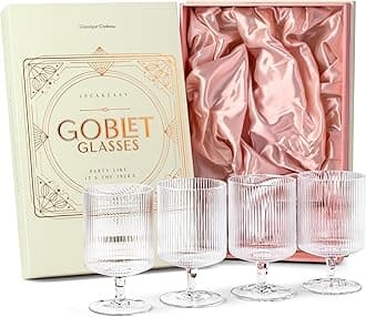 GLASSIQUE CADEAU Vintage Art Deco Ribbed Goblet Cocktail Glasses with Stem | Set of 4 | 10 oz Short Stemmed Crystal Tumblers for Drinking Classic Whiskey, Gin, Vodka Bar Drinks