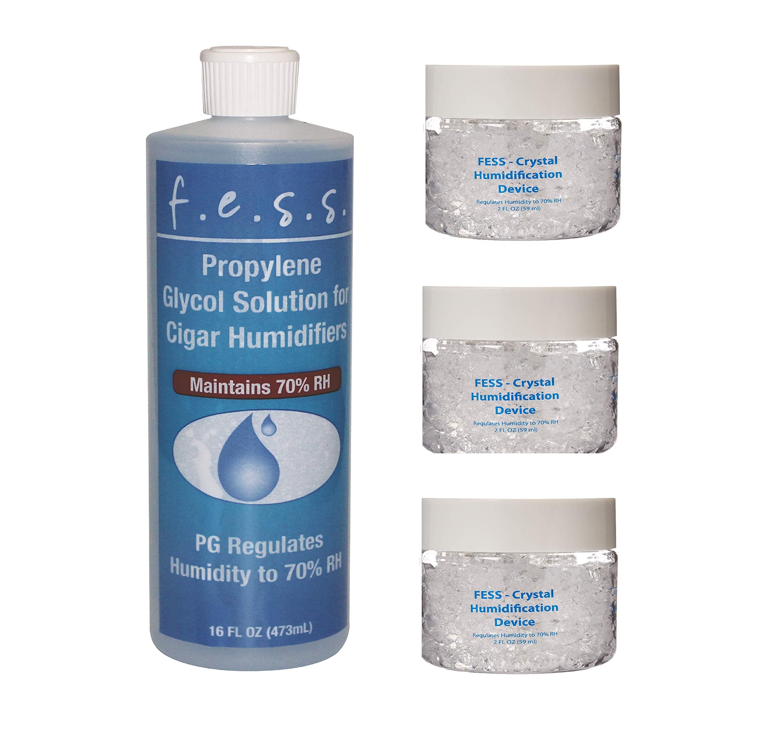 F.e.s.s 16oz Propylene Glycol Humidor Solution with 3 2oz Crystal Humidification Jars