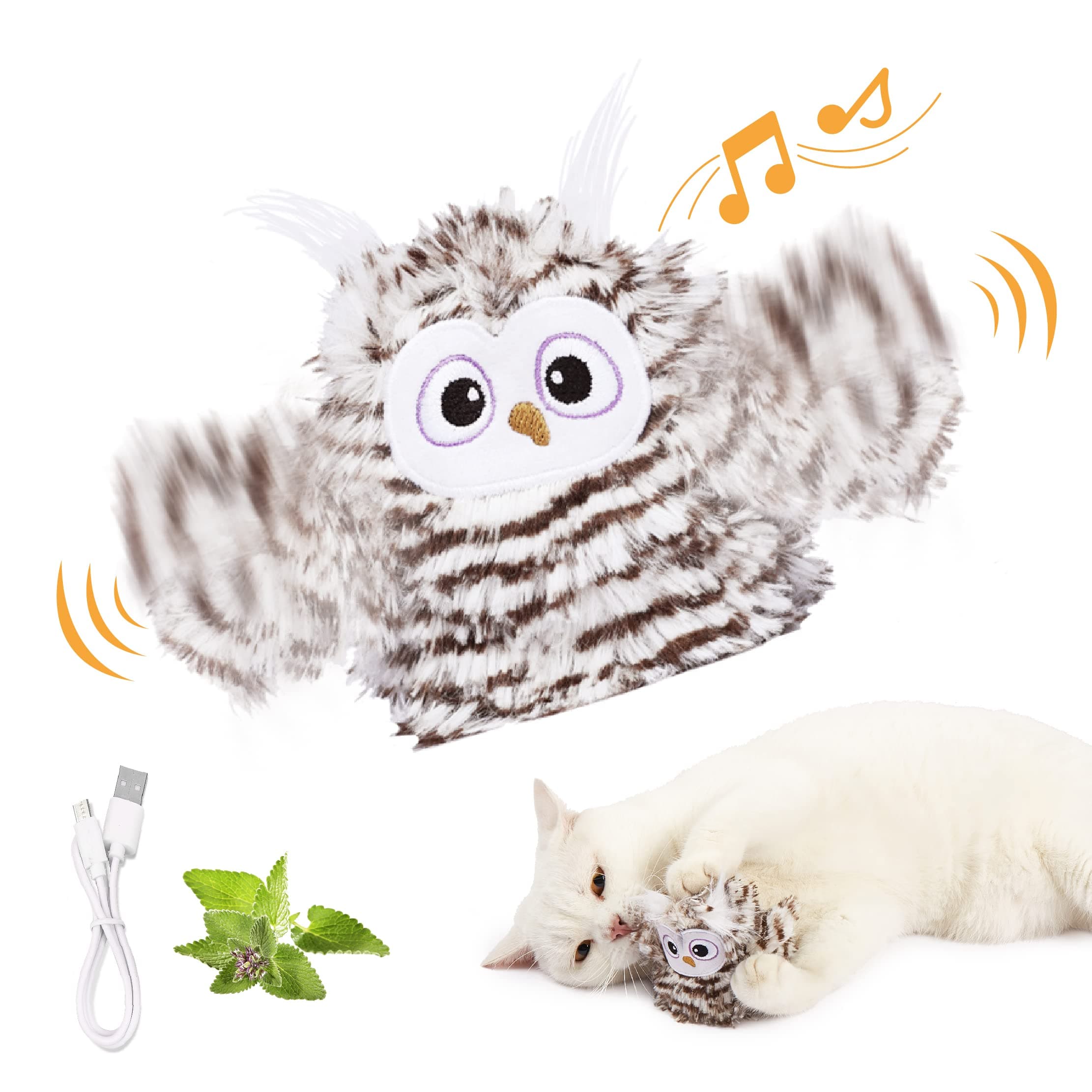 Kimee Interactive Cat Toy Rechargeable Automatic Chirping Owl Cat Toy with Catnip, Auto Beating Wings Flying Bird Cat Toys for Indoor Cats to Play Alone, Never Boredom (KKAM-03)