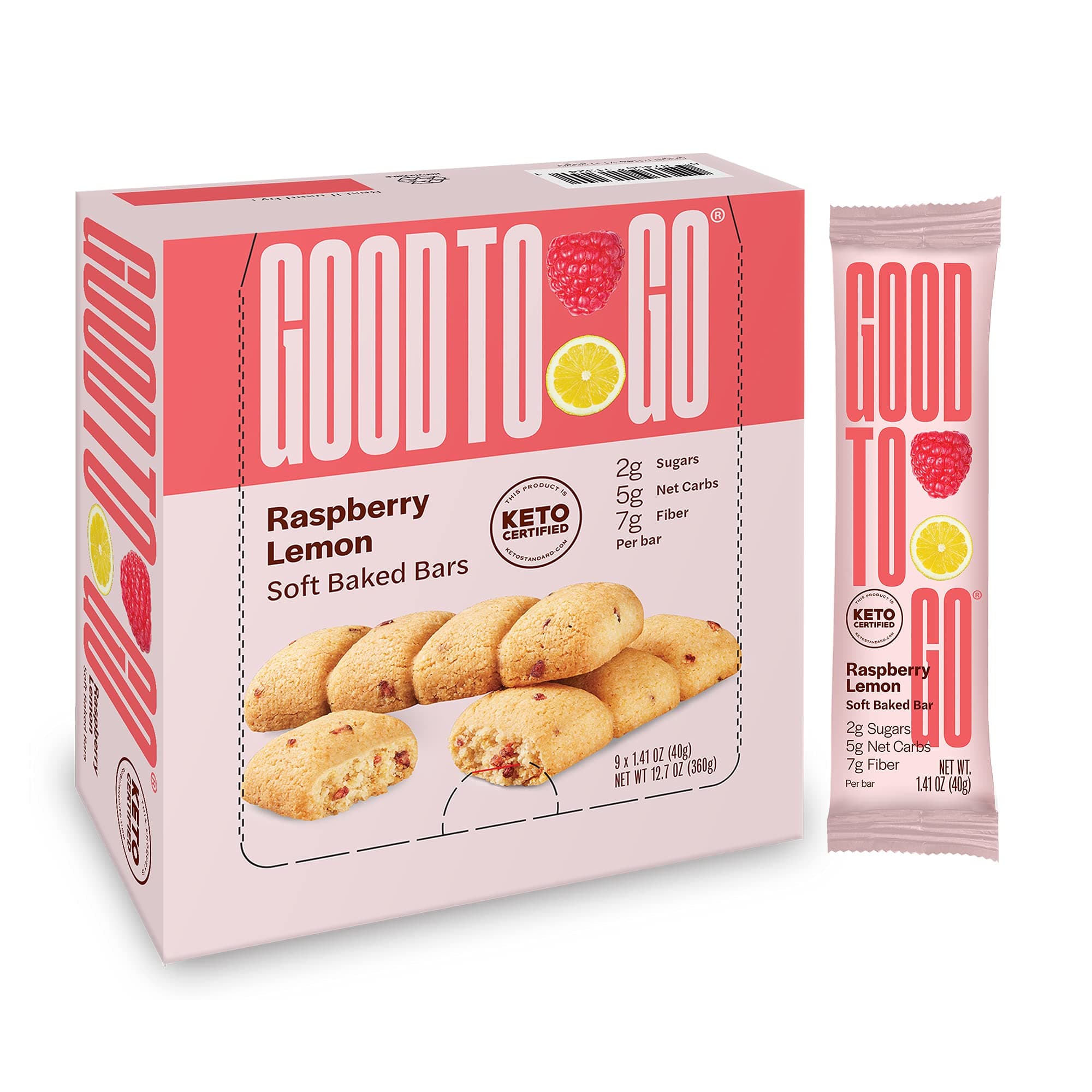 GOODTO GO Soft Baked Bars - Raspberry Lemon, 9 Pack - Gluten Free, Keto Certified, Paleo Friendly, Low Carb Snacks