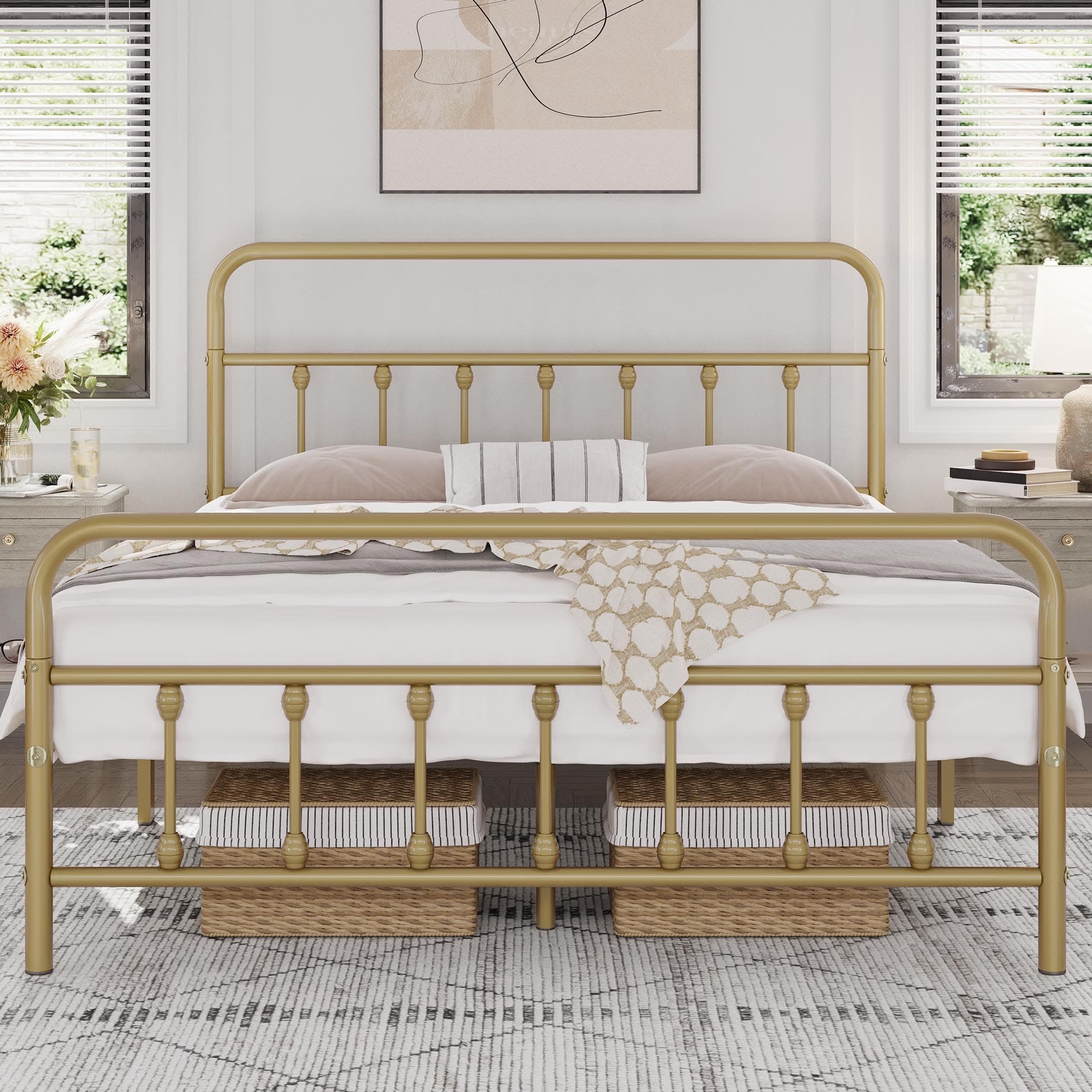 Yaheetech Classic Metal Platform Bed Frame Mattress Foundation with Victorian Style Iron-Art Headboard/Footboard/Under Bed Storage No Box Spring Needed Full Size Antique Gold