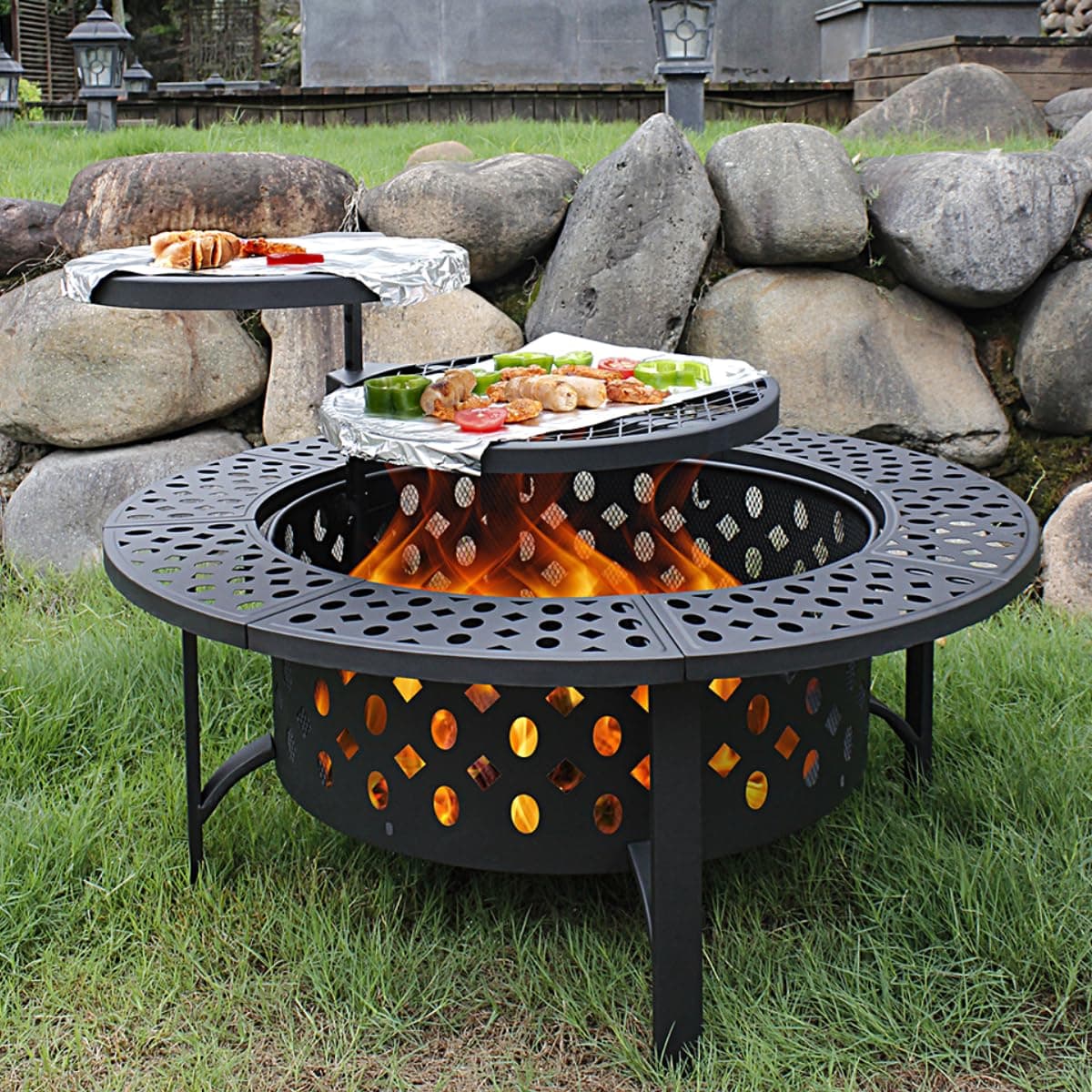 Fire Pit with 2 Grills, Wood Burning Fire Pits for Outside with Lid, Poker and Round Waterproof Cover, BBQ Outdoor Firepit Round Metal Table 1 for Patio, Picnic, Party, 3 In, 36 Inch