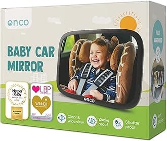 Onco Baby Car Mirror Rear Facing - Double Award-Winning Convex Car Mirror for Baby, 100% Shatterproof & Shakeproof with 360° Rotation, Newborn Essentials (9.6 x 6.9 in)