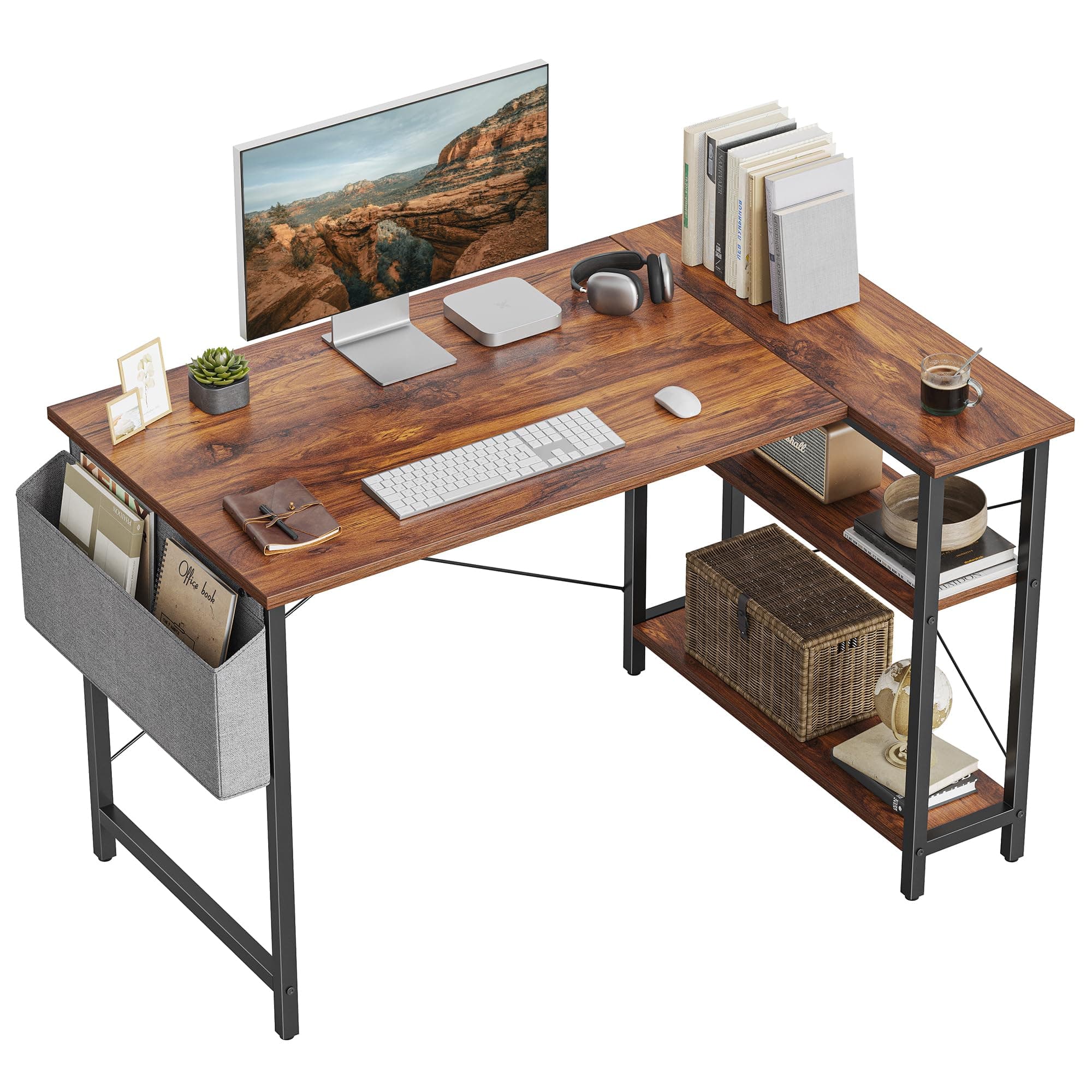 L Shaped Desk, 40 Inch Computer Desk with Reversible Storage Shelves Home Office Corner Desk Study Writing Table, Rustic Brown