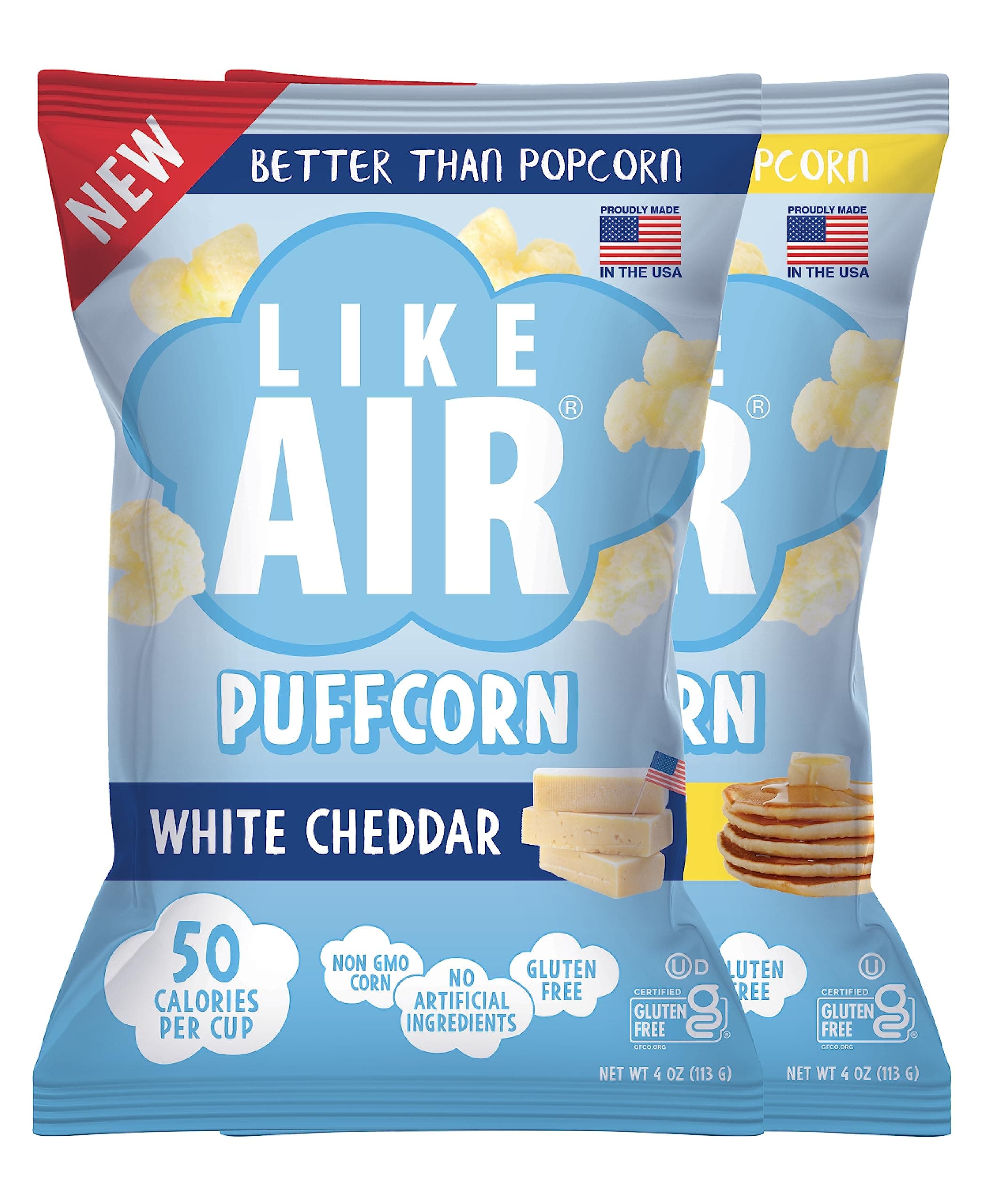 Puffcorn (Combo Pack: Cheddar & Pancake) | 2 4oz Bags | 50 Calories Per Cup | Gluten Free | Nothing Artificial