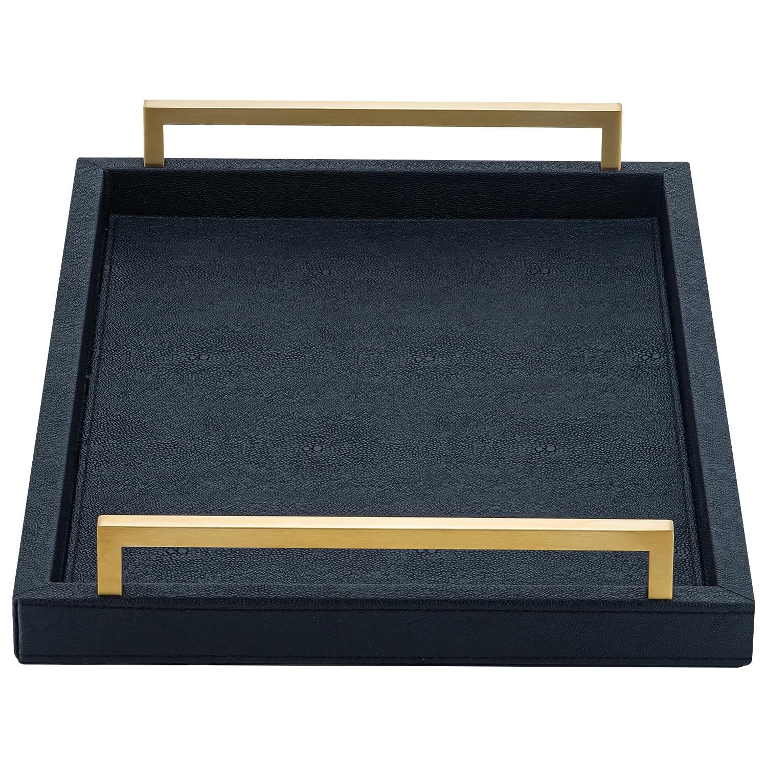 Black Faux Leather Serving Tray, 17x12 inches, Brushed Gold Handles, Decorative Tray for Ottoman Coffee Table, Living Room, Kitchen, Bathroom