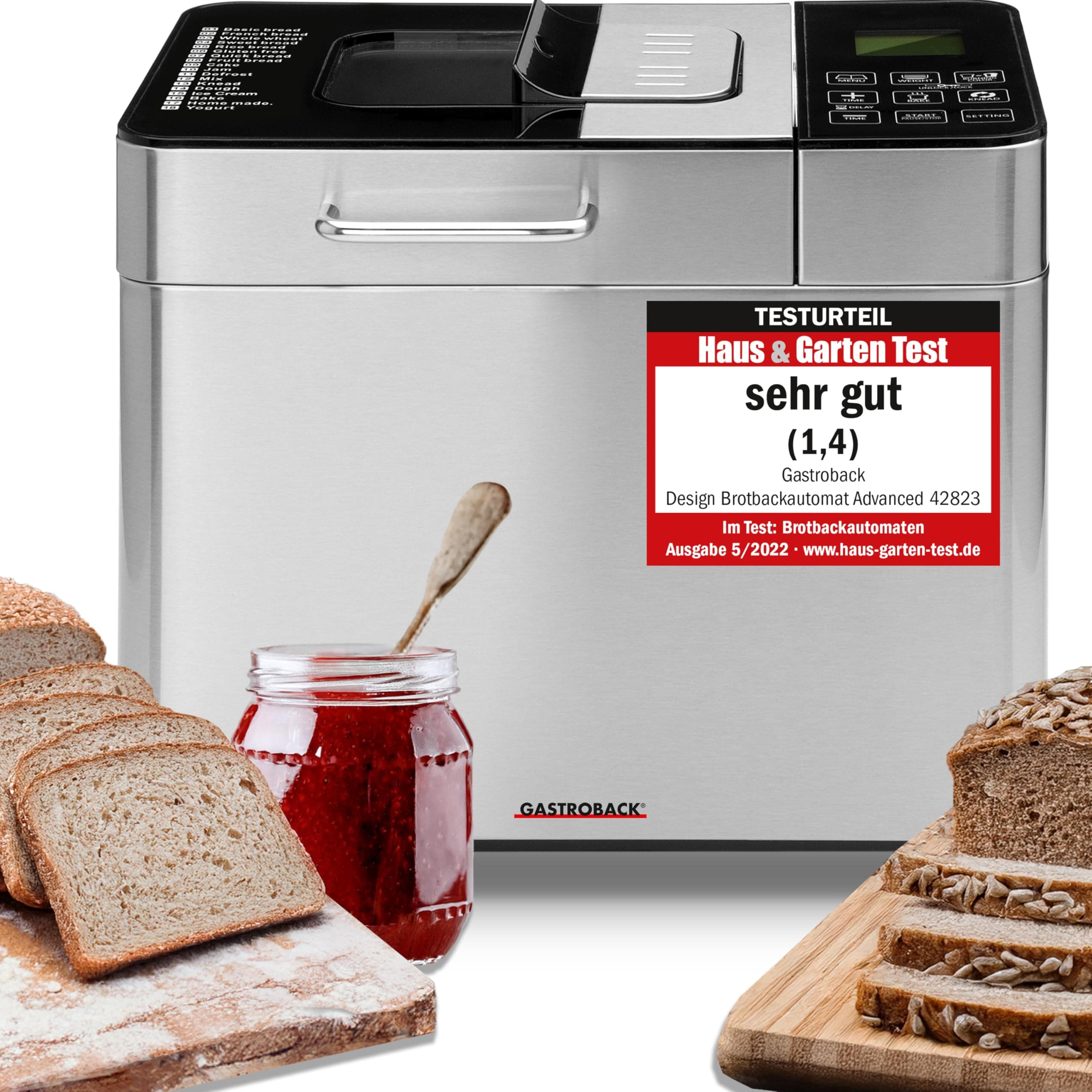 Gastroback 42823 Design Automatic Bread Maker Advanced,18 programs for bread, dough, jam, joghurt and ice-cream, gluten-free and defrost programs, timer, for up 1000g loaves of bread