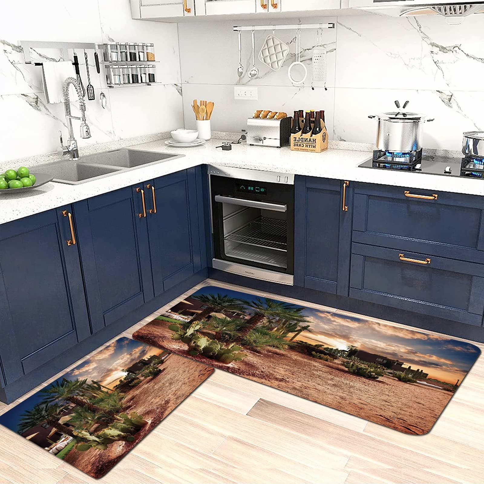 2 Piece Anti Fatigue Kitchen Mat Set Kitchen Floor Mat,Desert,Majestic Sky View Palm Trees and Cactus in Oasis Morocco Tropic Natu,Waterproof Mats for Office Home Indoor Outdoor 48"x18" + 28"x18 inch"