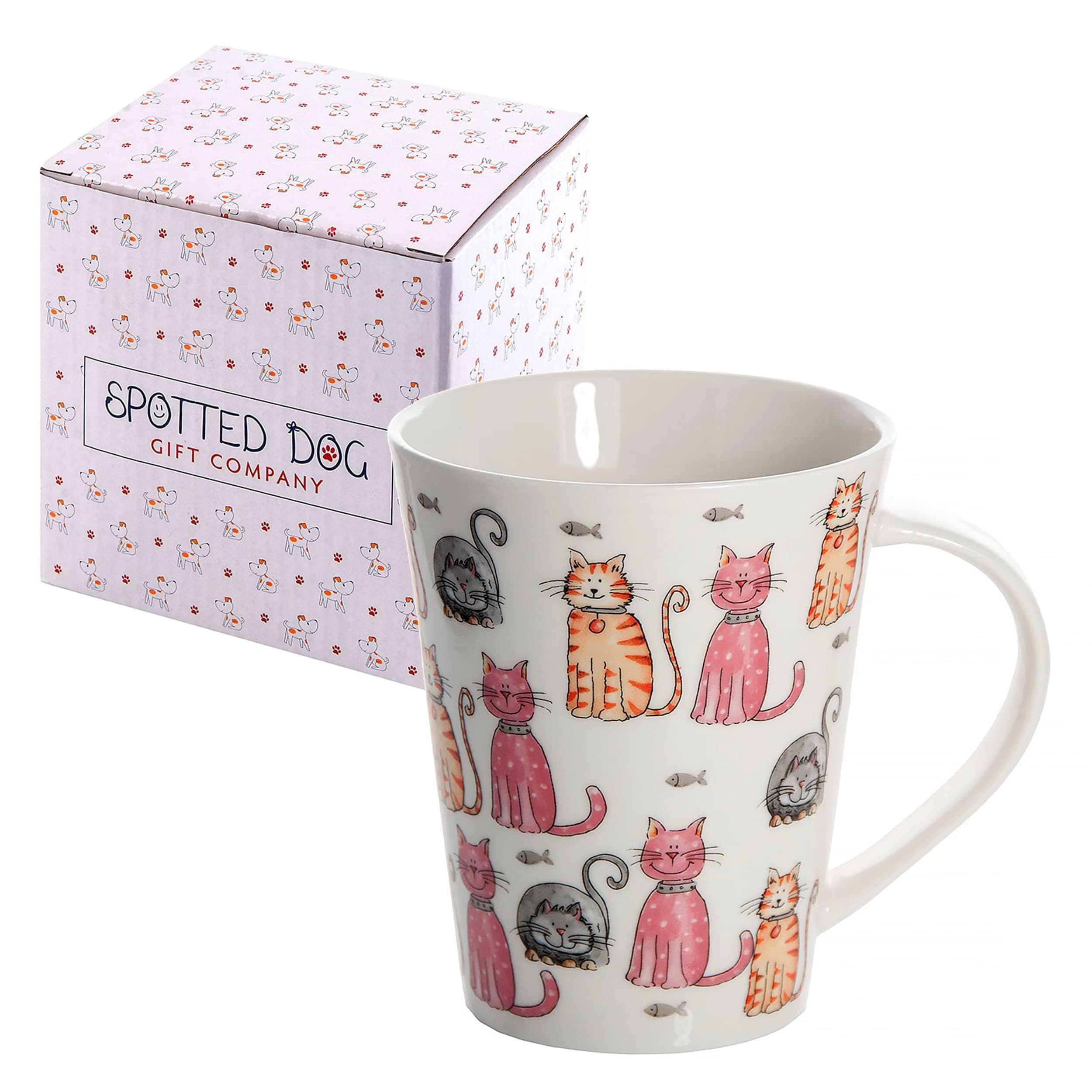 SPOTTED DOG GIFT COMPANY Cat Mug, 12.2 oz Ceramic Coffee Mug & Tea Cup, Happy Cats Themed, Microwave & Dishwasher Safe, Cute Cat Gifts for Women and Animal Lovers