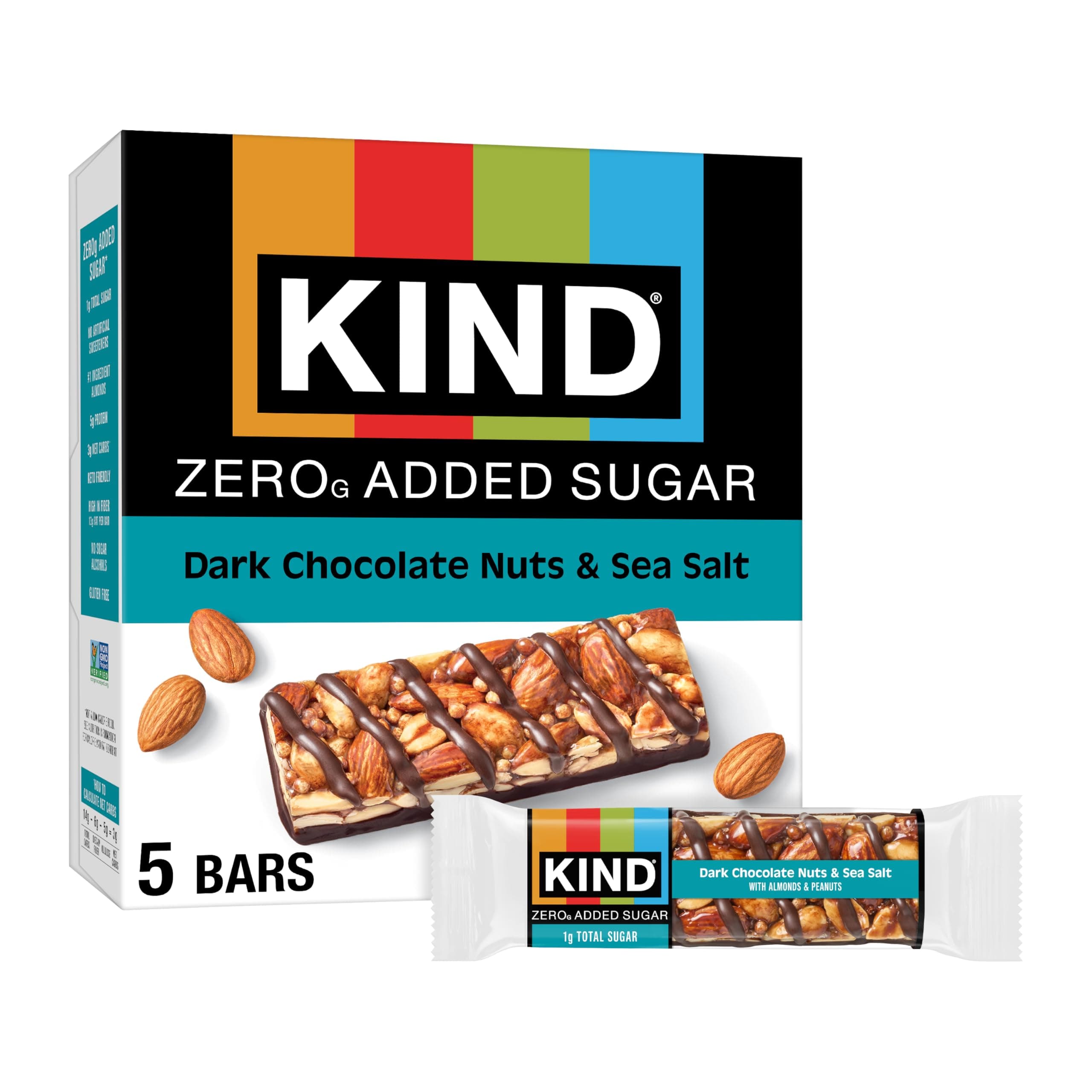 Kind Zero Added Sugar Healthy Snacks Bars, Dark Chocolate Nuts & Sea Salt, Gluten Free, High Fiber, Keto Snacks, 5g Protein, 5 Count