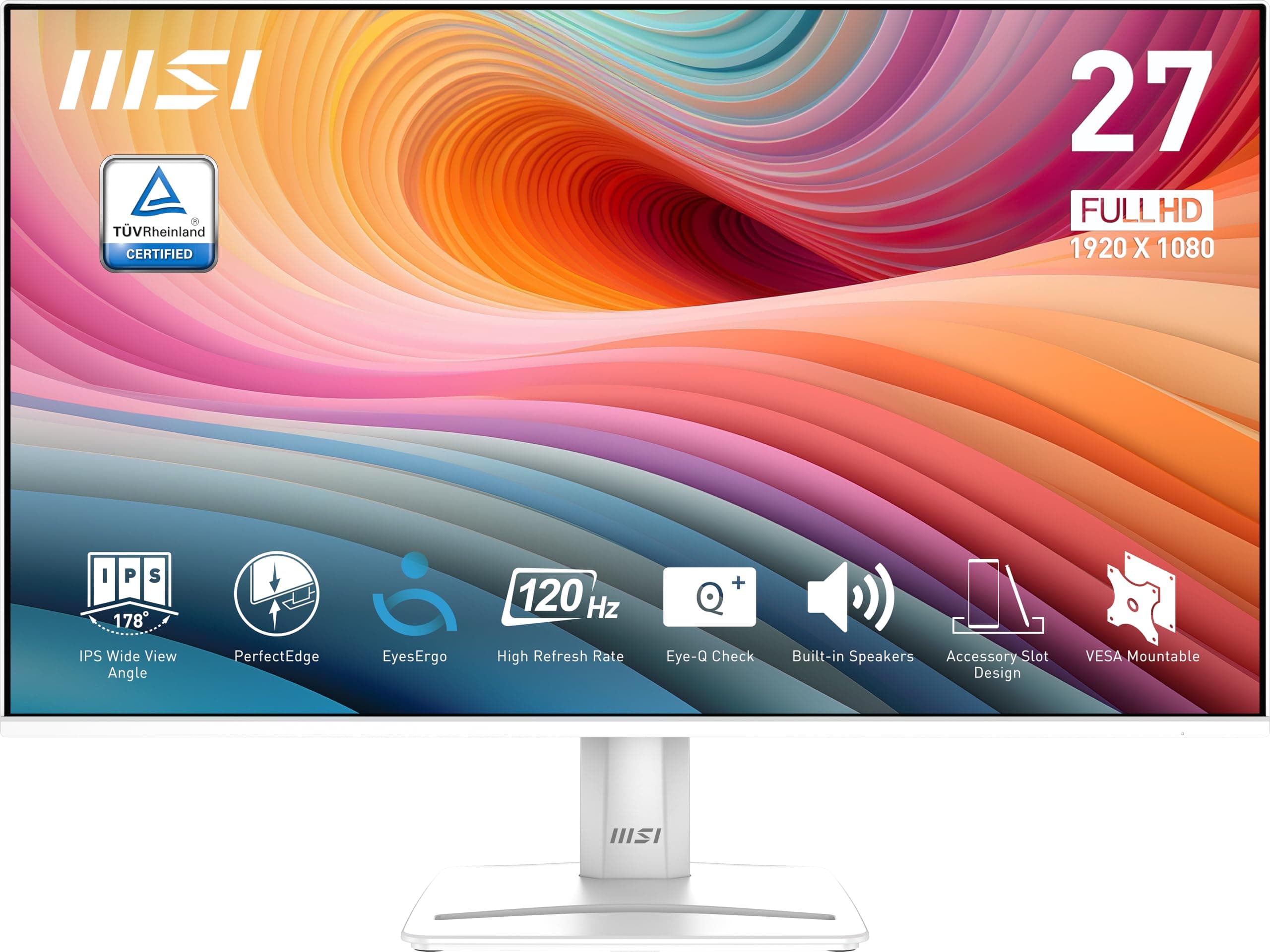 PRO MP275W E2 27-inch IPS 1920 x 1080 (FHD) Gaming Office Monitor, 120Hz, Free-Sync, HDMI, DisplayPort, VGA Port, VESA Mountable, Tilt, Speaker, 4-Side Slim Bezel 1ms, White