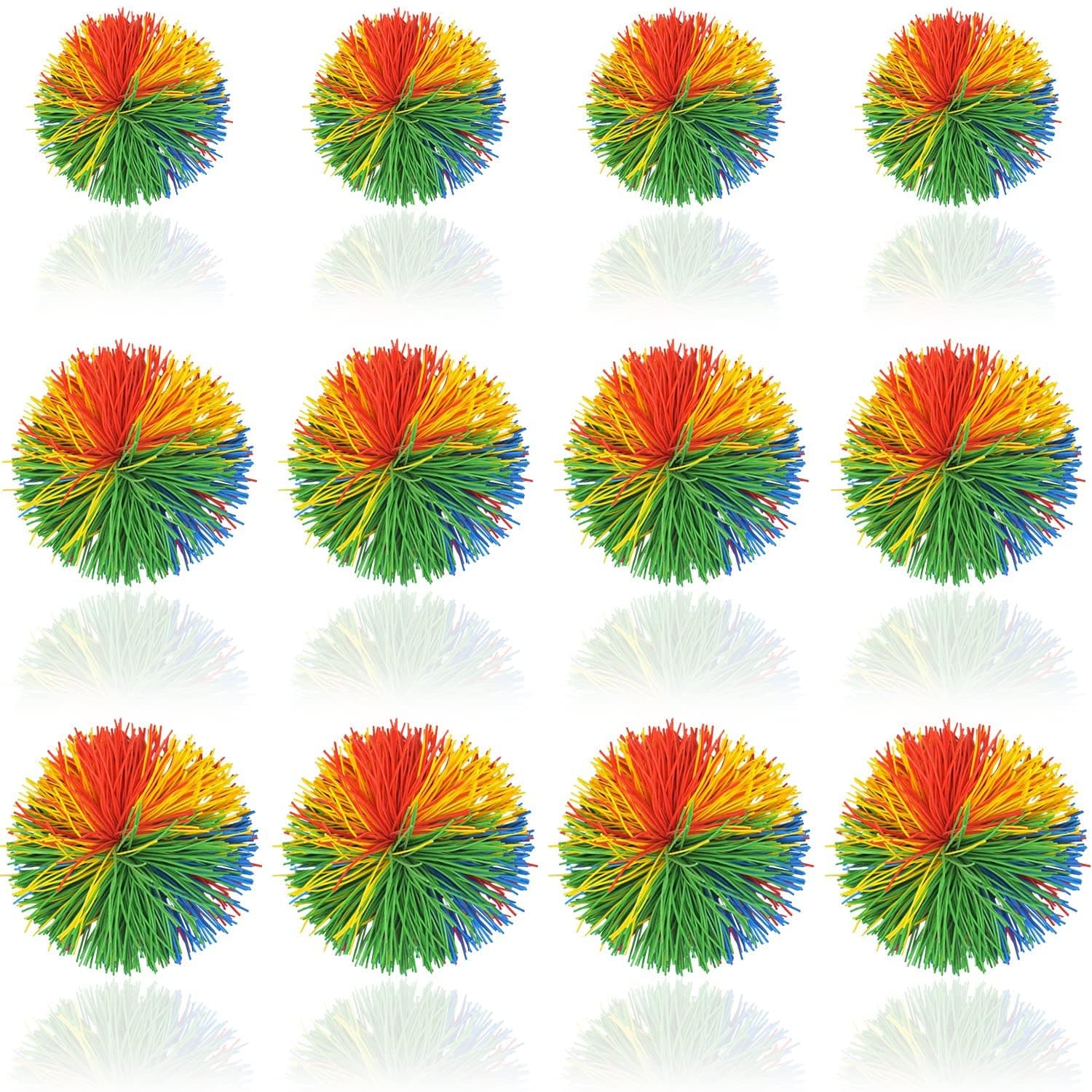 12 Pack Monkey Stringy Sensory Fidget Balls - Latex-Free Silicone Stress Relief Toys in 3 Sizes with Rainbow Pom