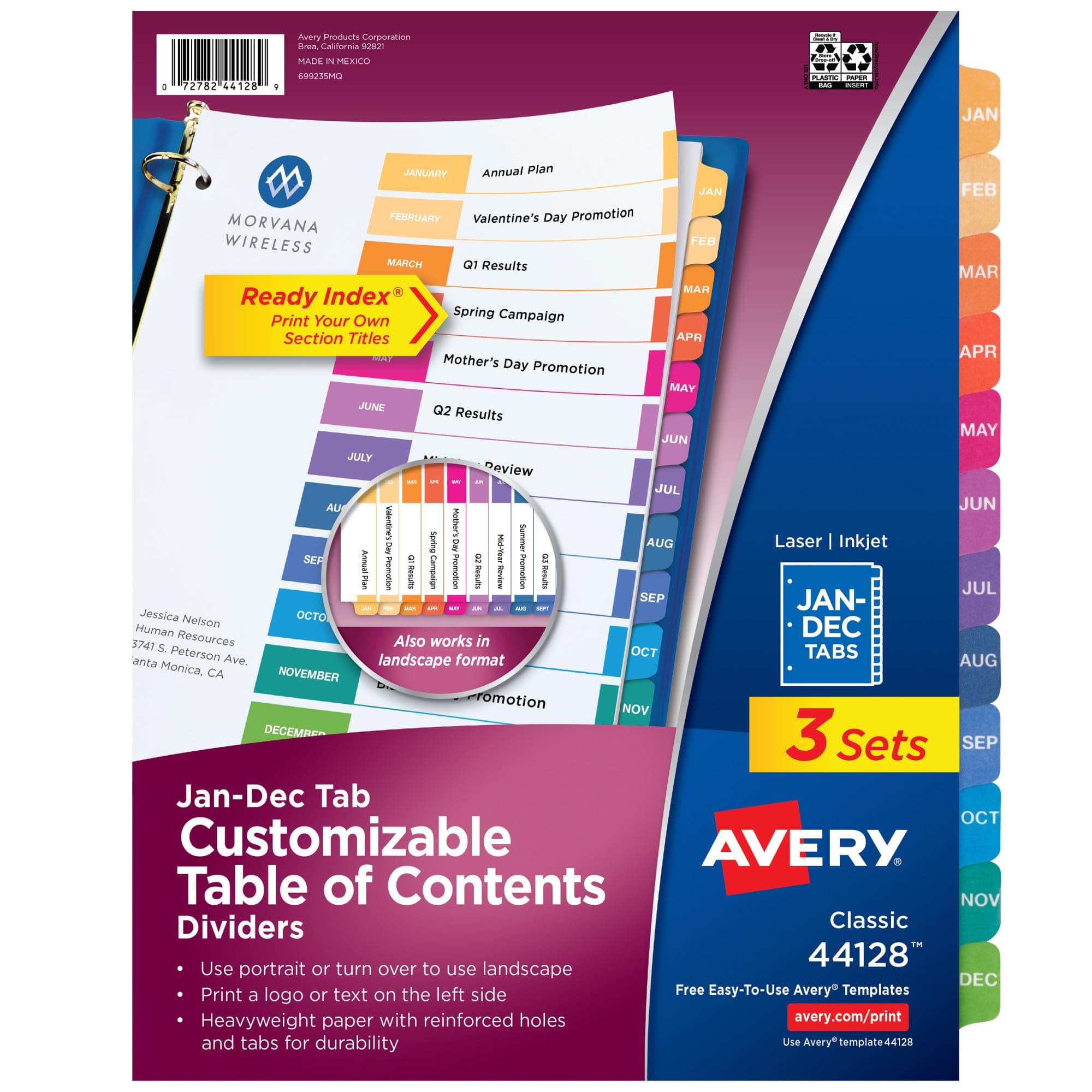 Avery Jan-Dec Dividers for 3 Ring Binders, 12 Tabs per Set, Customizable Table of Contents, Multicolor Tabs, Great for Organizing Reports, Projects, and More (3 Sets of 44128)