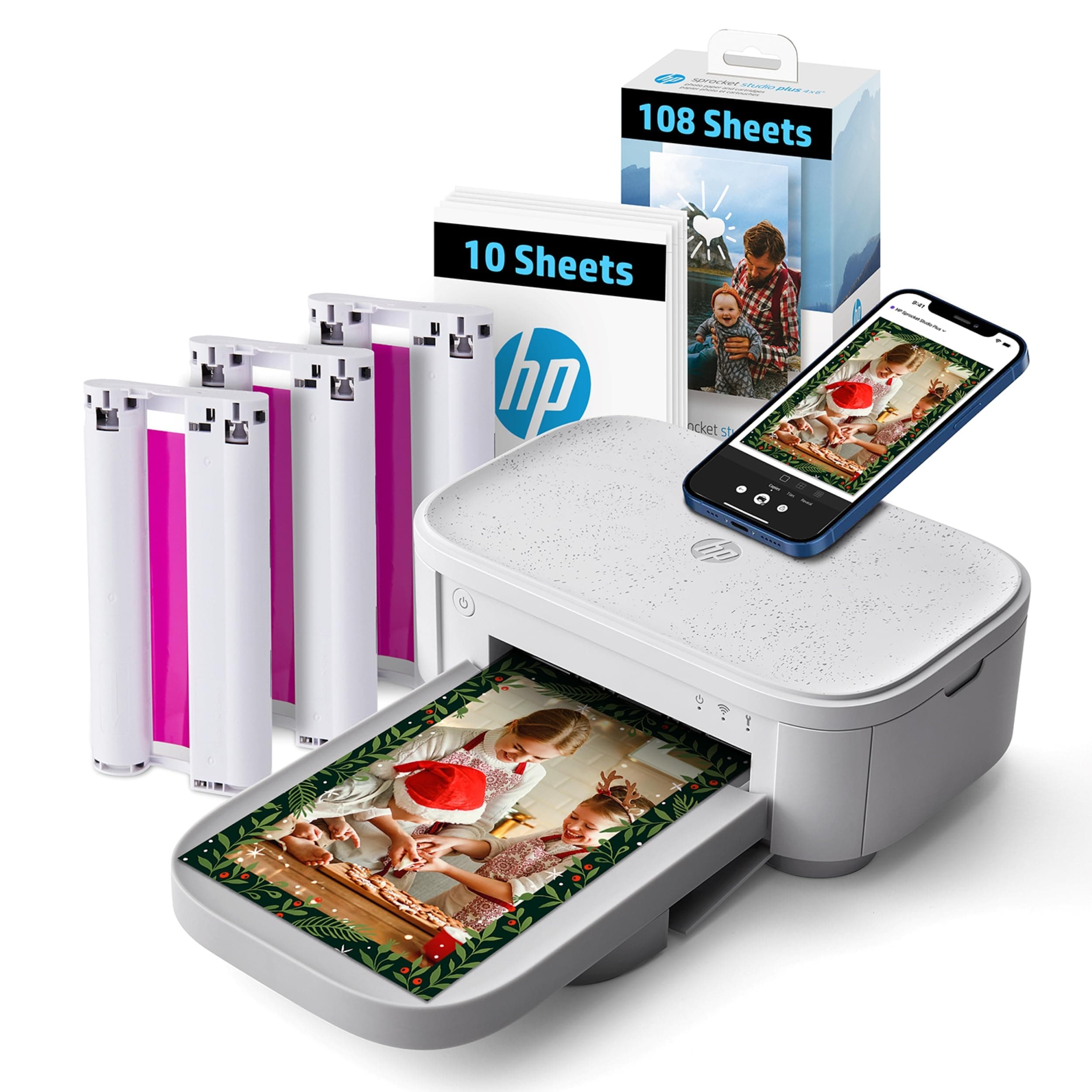 HP Sprocket Studio Plus 4x6 (10.2x15.2 cm) Wireless Instant Photo Printer, 118 Sheets & Cartridge BUNDLE, Wi-Fi - Dye Sublimation, Color Pictures, Editing App for Photos, For Home Use or Portable