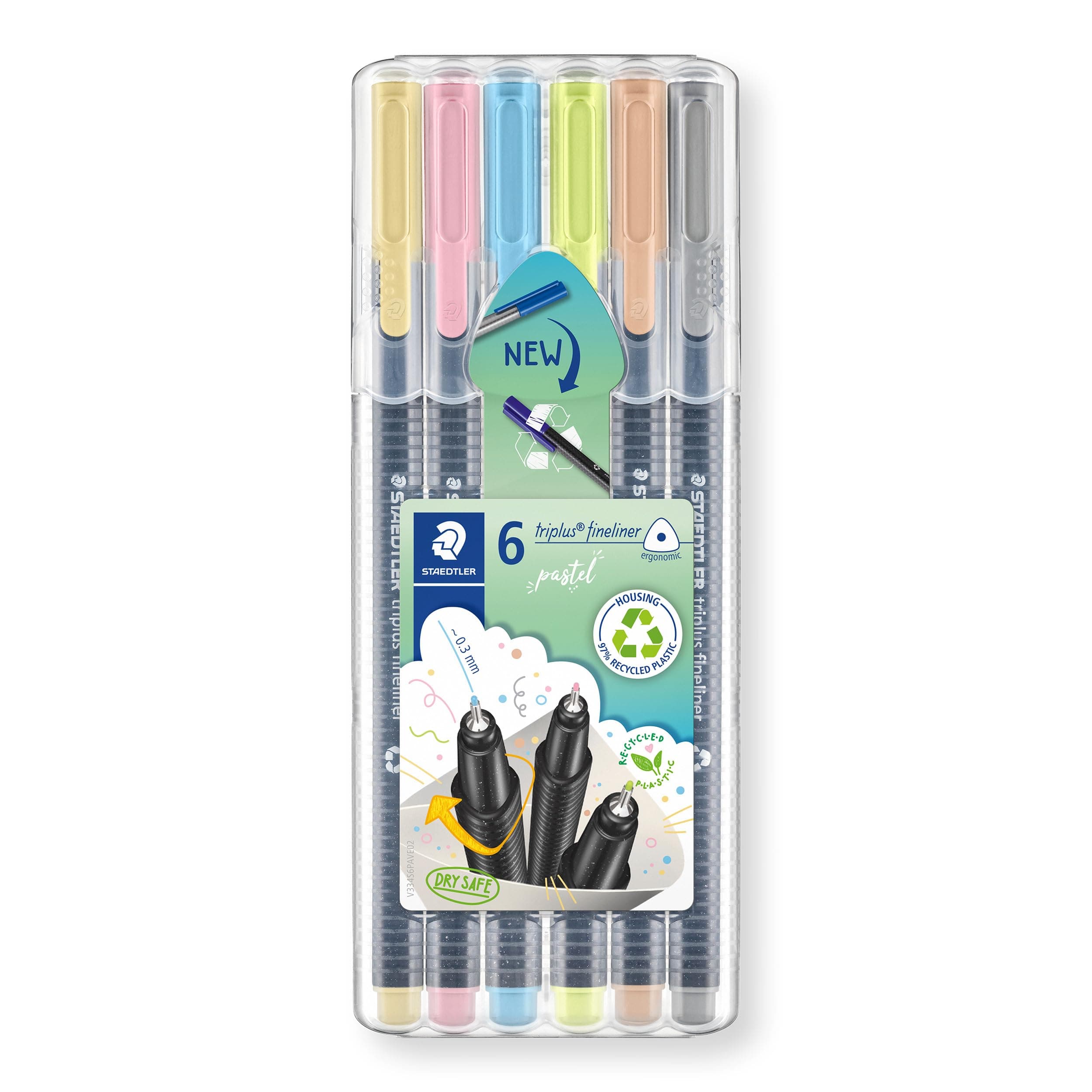triplus fineliner, Triangular Pens 0.3mm, Includes Easel Case for Home & Travel, 6 Pastel Colors, 334 SB6 PA