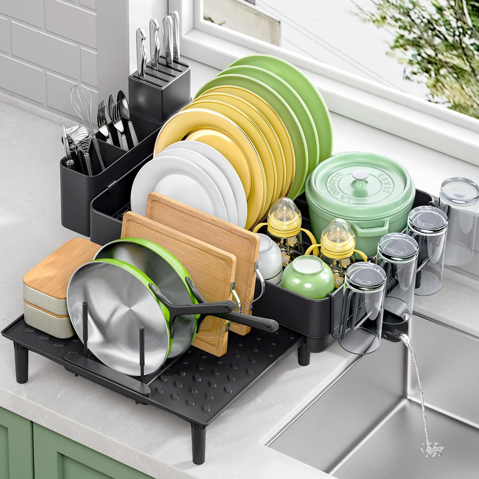 Large Dish Drying Rack for Kitchen Counter, Expandable 304 Stainless Steel Dish Rack, Black Foldable Dish Drainer Rack, Extendable Dish Dryer Rack with Cup & Cutlery Holder