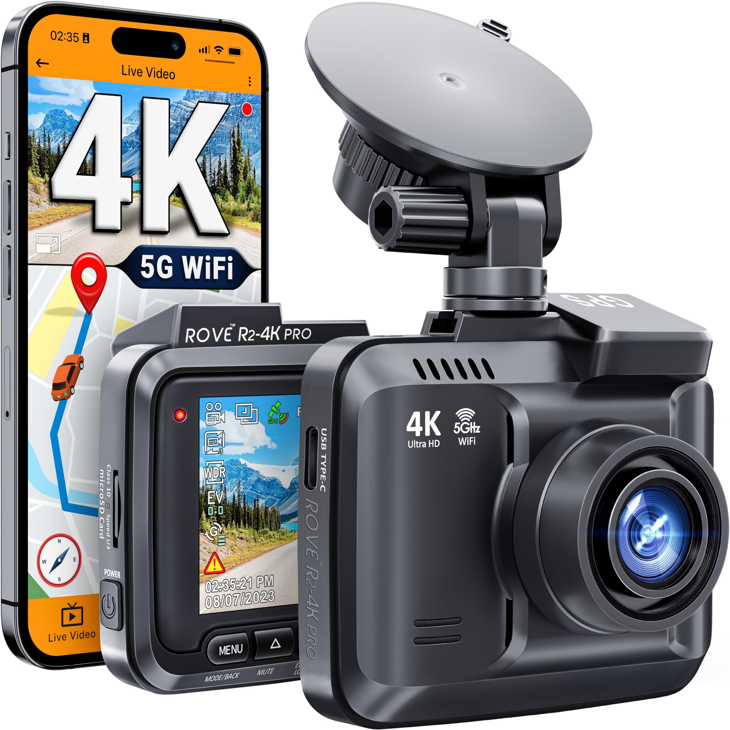 ROVE R2-4K PRO Dash Camera, Built-in GPS, 5G WiFi Car Dash Camera, 2160P, UHD, 30fps, App, 2.4 Inch IPS Screen, Night Vision, WDR, 150° Wide Angle, 24 Hour Parking Mode, Supports Up to 512GB