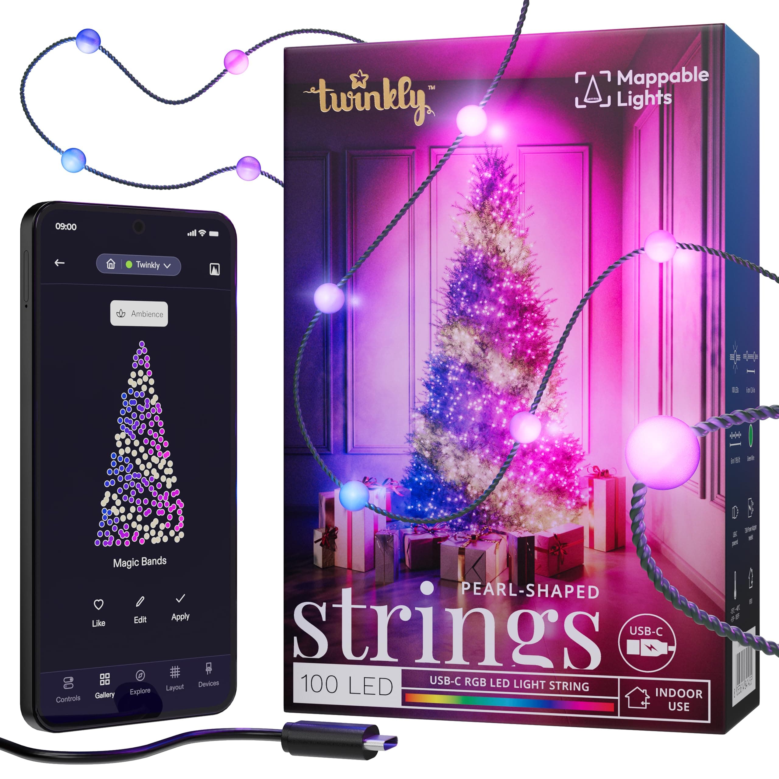 Strings USB-C Pearl-Shaped Light String with 100 RGB LEDs. 20 Feet. Green Wire. App-Controlled. USB-C-Powered. Indoor Smart Home Lighting Decoration
