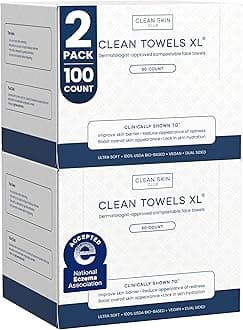 Clean Skin Club Clean Towels XL®, 100% USDA Biobased Face Towel, Disposable Face Towelette, Eczema Association Accepted, Makeup Remover Dry Wipes, Ultra Soft, 50 ct per pack, 2 Packs, 100 Ct Total