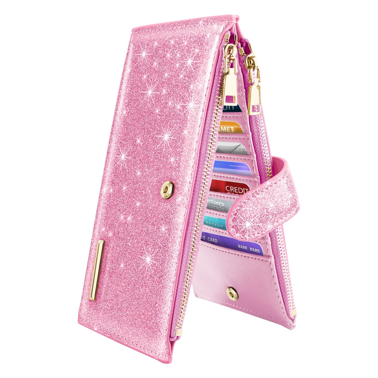 Womens RFID Blocking Glitter Leather Multi Card Organizer Bifold Black Wallet with Zipper Pocket,Pink Glitter