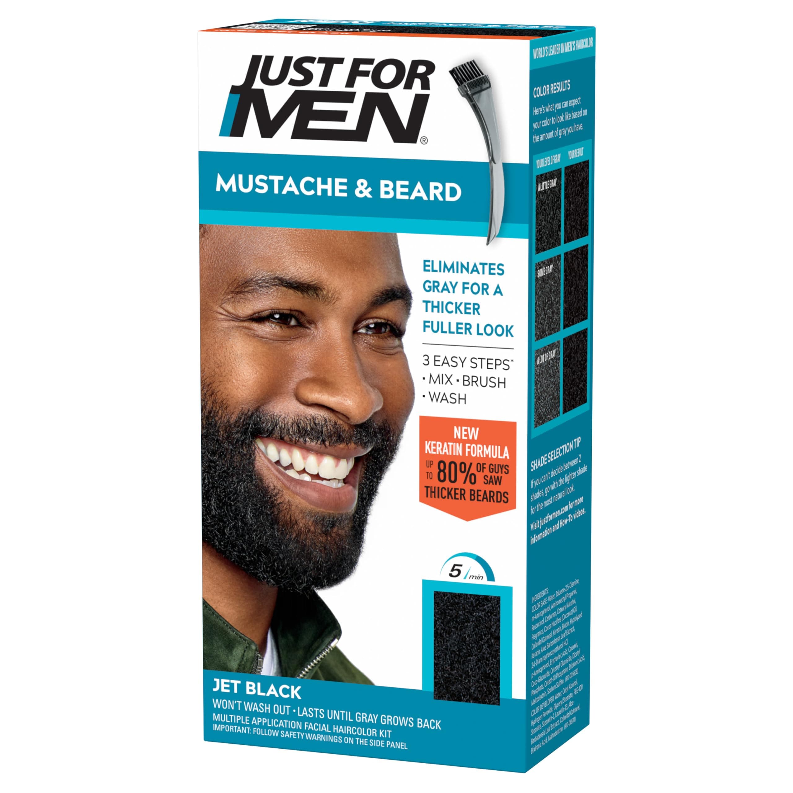 Mustache & Beard, Beard Coloring for Gray Hair with Brush Included for Easy Application, With Biotin Aloe and Coconut Oil for Healthy Facial Hair - Jet Black, M-60, Pack of 1