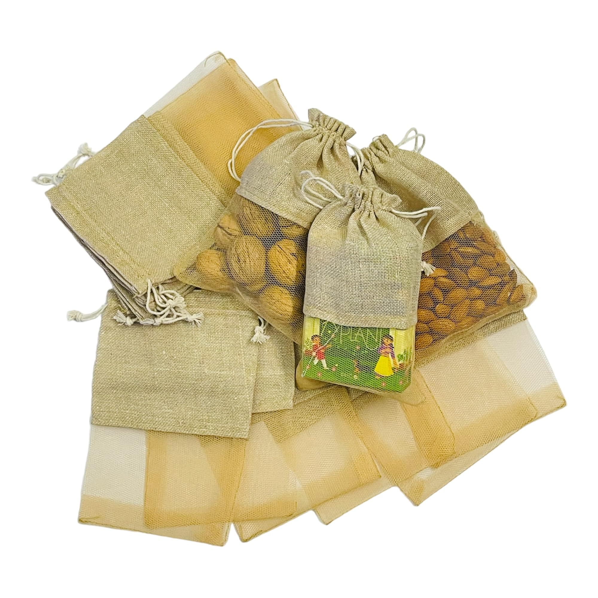 Jute & Net Drawstring Closure Small Size Gift Potli Bags Pouches(17.78 X 12.5 cm; Beige)