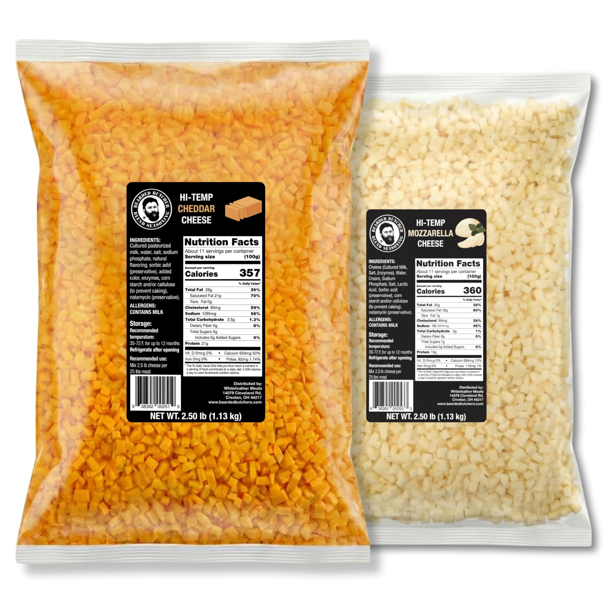 Bearded Butchers High-Temp Cheddar & Mozzarella Cheese, Pack of 2 (2.5 lb Bags Each) – 5 lbs Total, Shelf-Stable 1/4-Inch Cubes for Up to 25 lbs of Meat Per Bag, 400°F High-Temperature Cheese – Ideal for Sausage Making, Brats, Snack Sticks, Burgers, and More