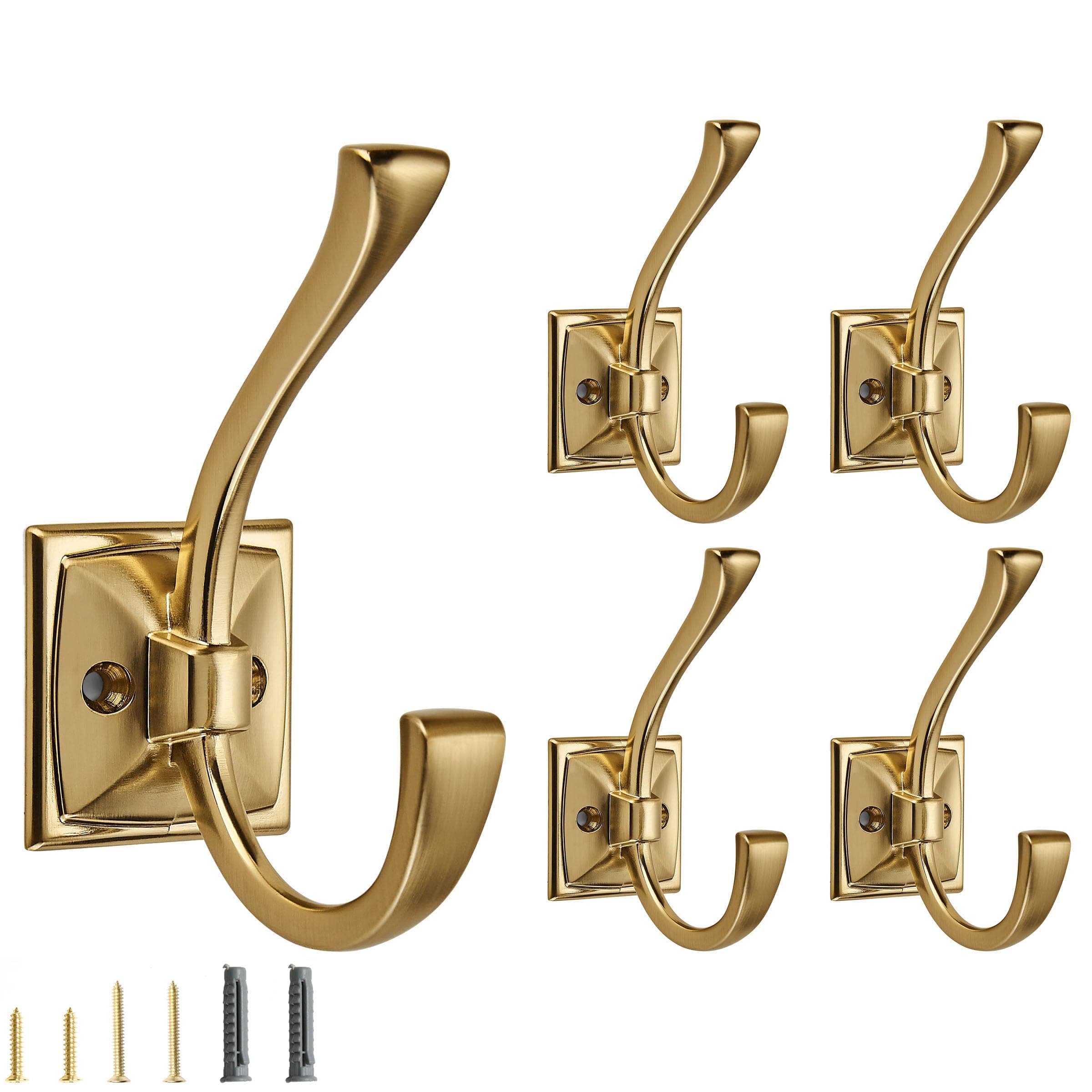 5 Pack Decorative Heavy Duty Towel Hooks for Hanging Robe Double Champagne Bronze Coat Hooks Wall Mounted with Screws for Key, Towel, Bags, Cup, Hat