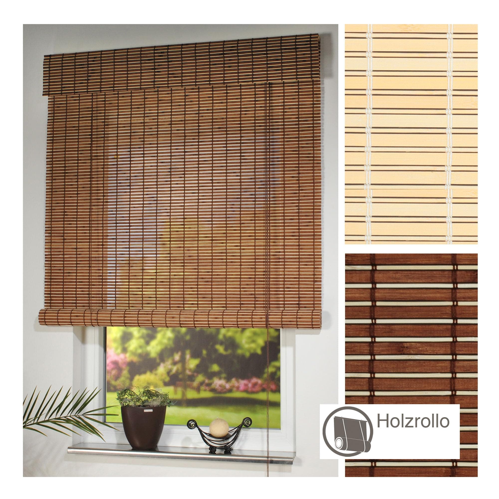 Liedeco roller blind, wood with side pull, wooden blind for window and door, Wood, brown, 100 cm x 170 cm (B x L)