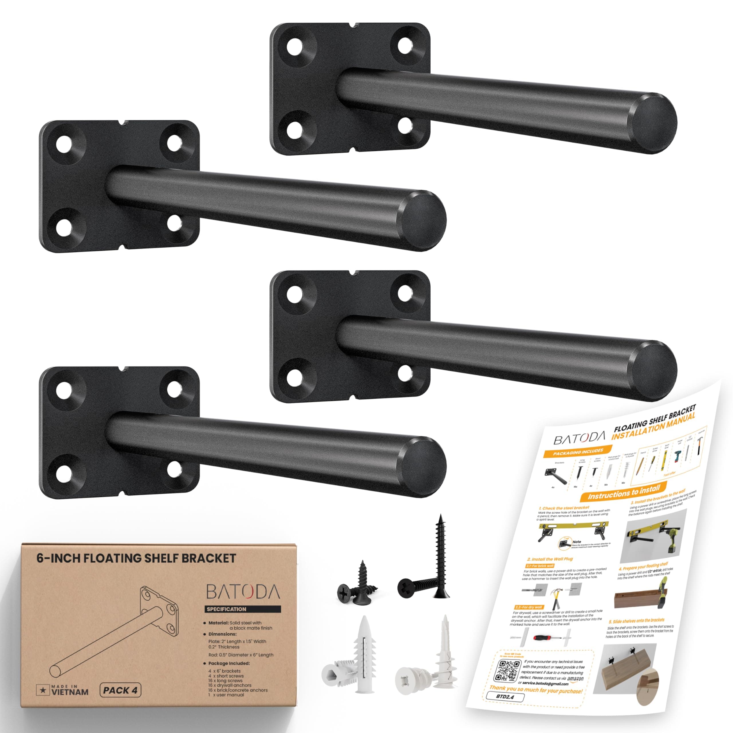 BATODA 6” Solid Steel Floating Shelf Bracket (4 pcs) - Blind Shelf Supports - Hidden Brackets for Floating Wood Shelves - Wall Mounted Support for DIY - Shelving Mounting Hardware Included