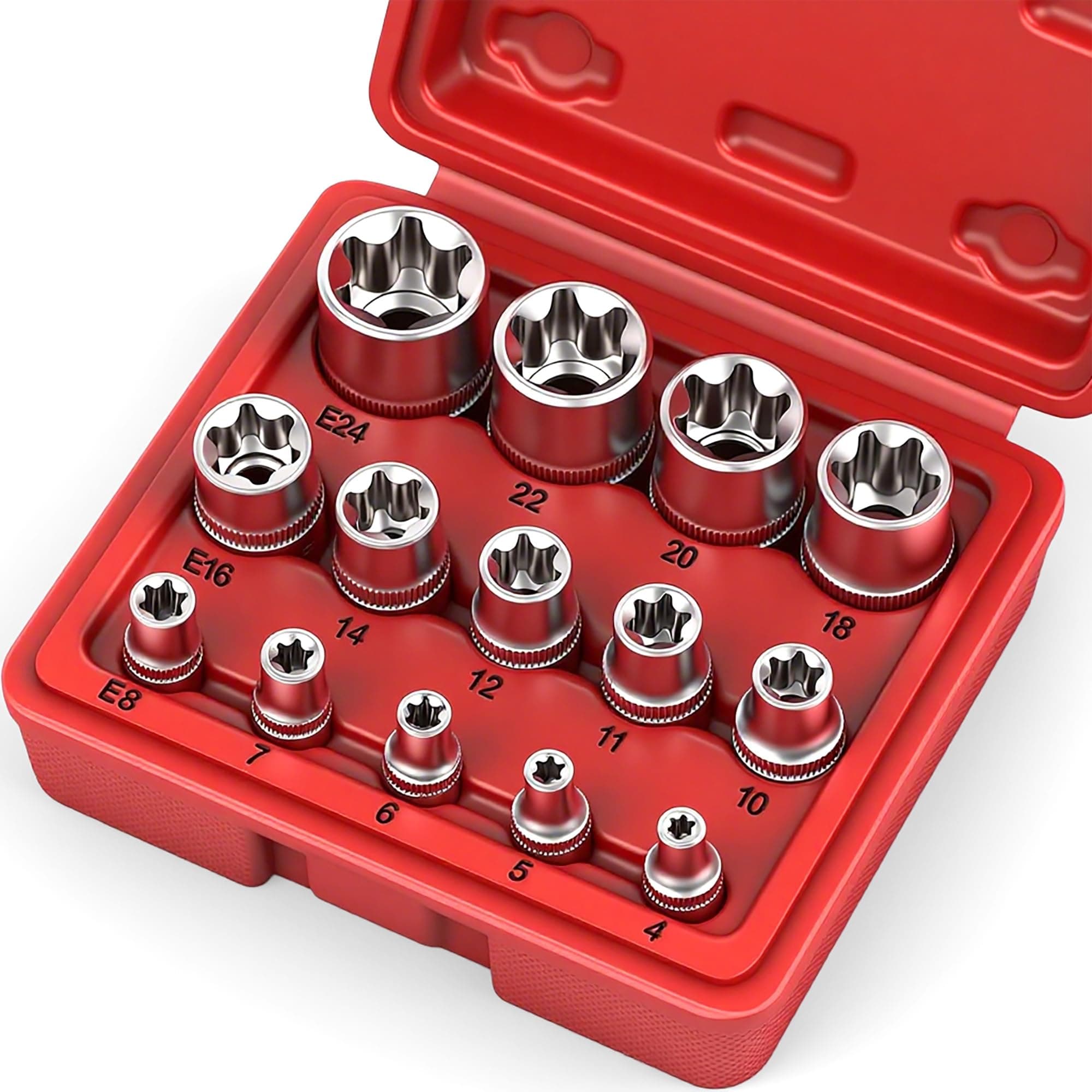 SEDY 14-Piece E-TORX Socket Set - Premium Female Socket Set, Ultimate Torque Star Sockets, External Torx Sockets, E4 E5 E6 E7 E8 E10 E11 E12 E14 E16 E18 E20 E22 E24