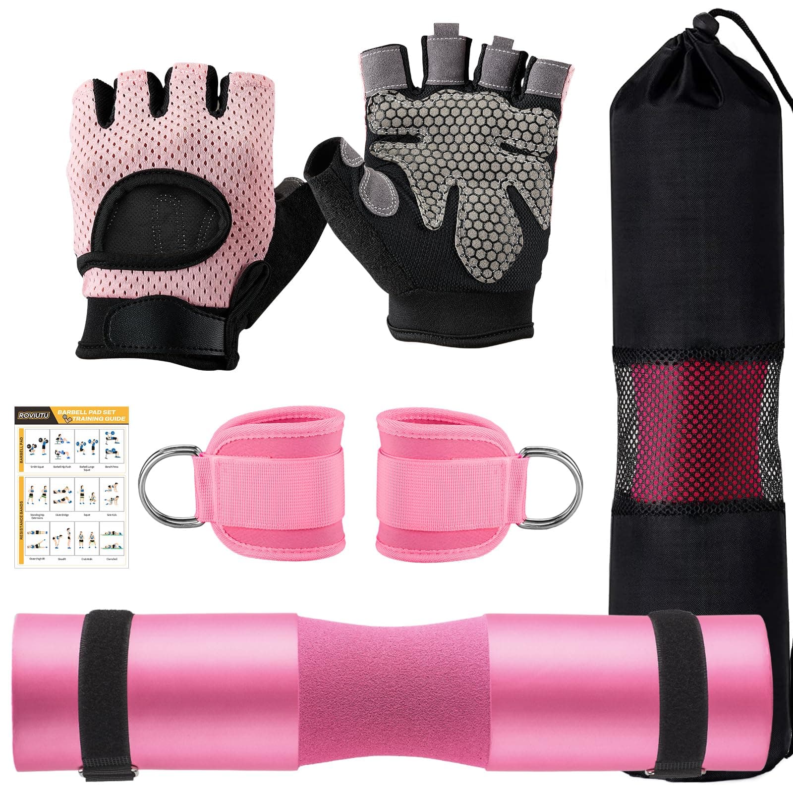 Gym Barbell Pad Set for Squat,Hip Thrusts, Lunges, Leg Day, Standard Olympic Bar Pad with 2 Gym Ankle Safety Straps, 2 Workout Gloves, Barbell Pads, Gym Accessories for Women with Carry Bag