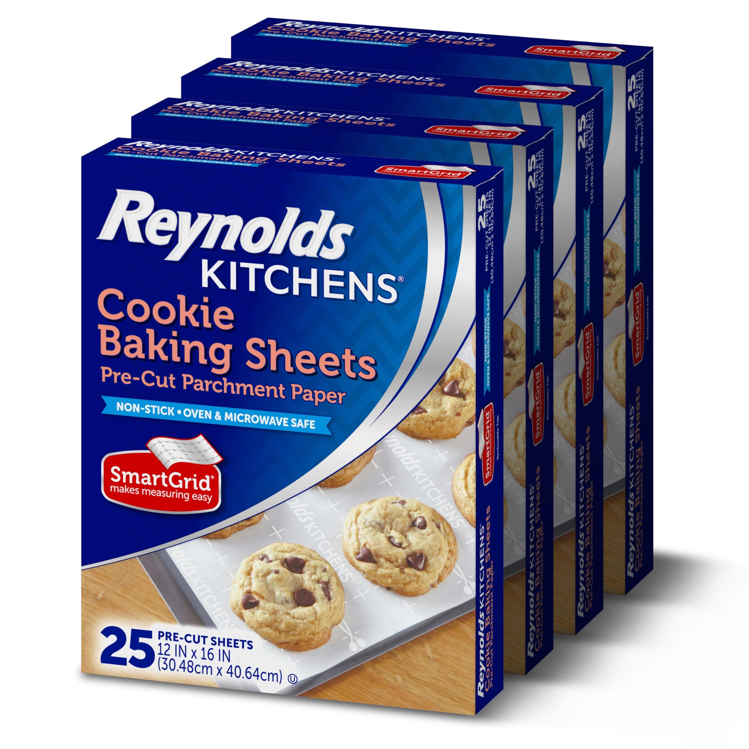 Reynolds Kitchens Cookie Baking Sheets, Pre-Cut Parchment Paper, 25 Count per Pack (Pack of 4), 100 Sheets Total