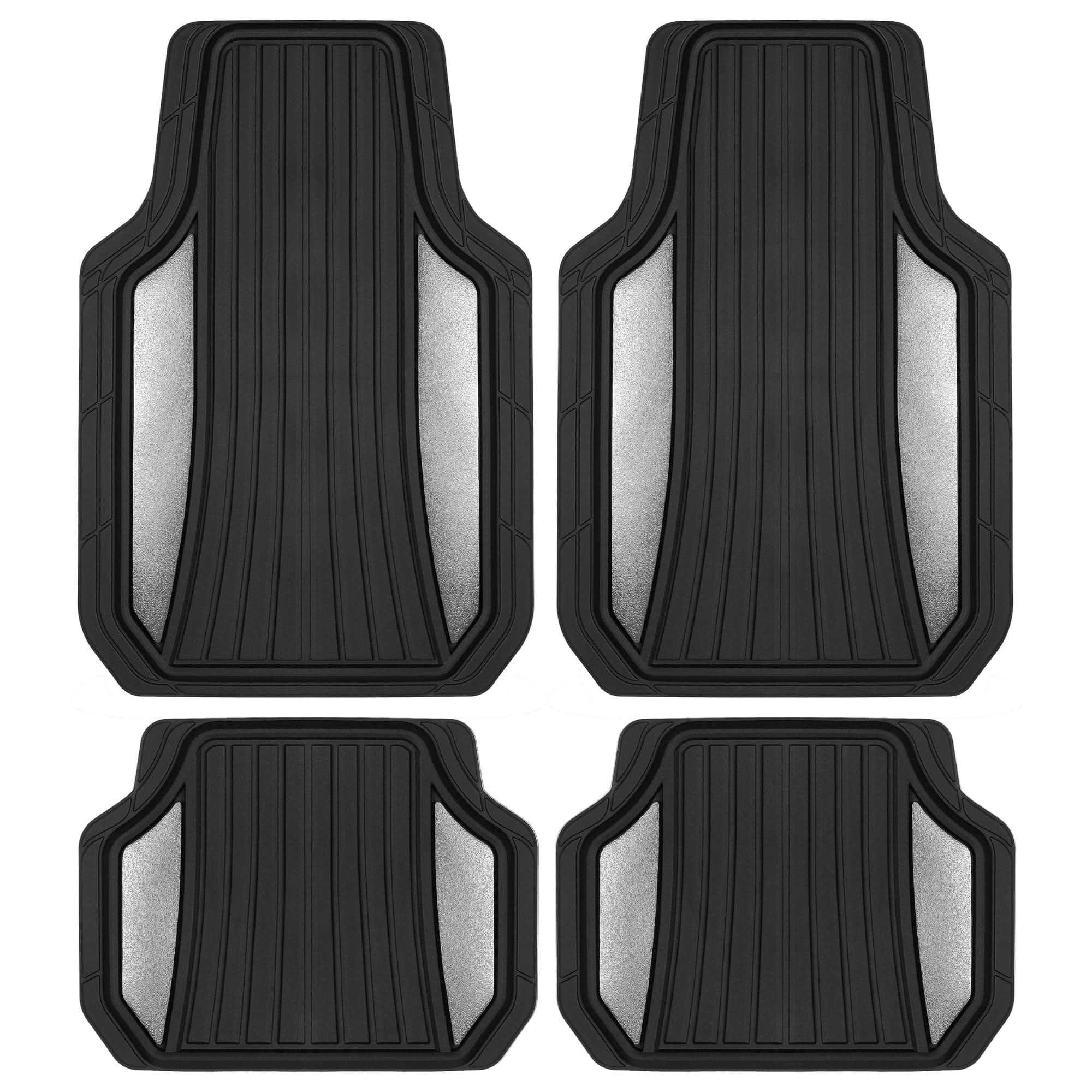 Motor Trend ChromeTech Car Floor Mats Full Set - Durable Rubber Floor Mats for Cars with Two Tone Accent, All Weather Interior Protection for Front and Rear with Non-Slip Backing, Silver Chrome