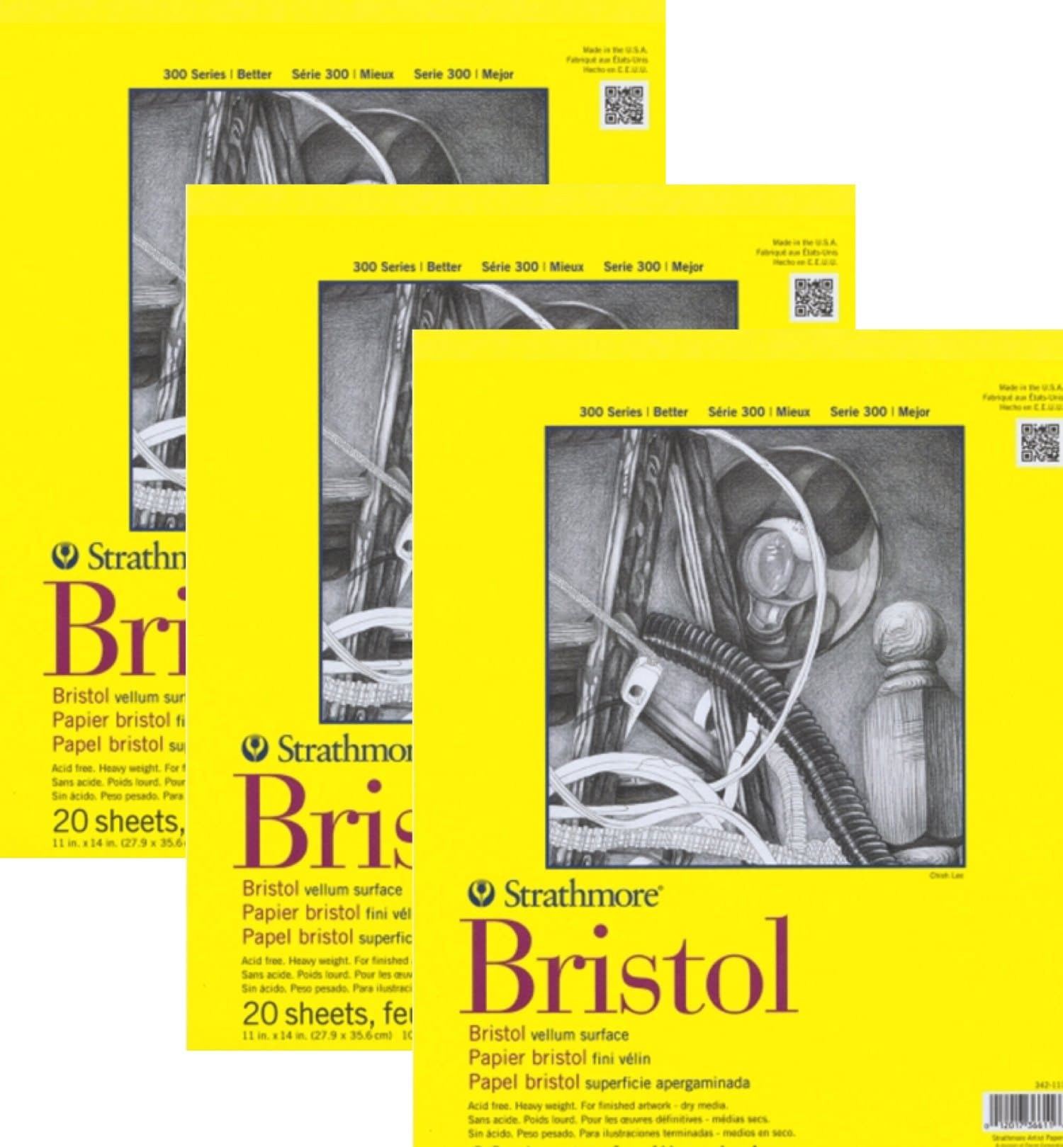 Strathmore 300- Bristol Board - 3 pack Bundle - Vellum Paper Pad - 9 x 12-20 Sheets Each Pad