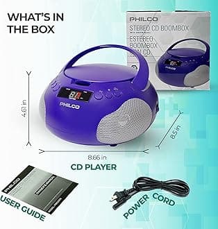 Philco Portable CD Player Boombox with Speakers and AM FM Radio | Purple Boom Box CD Player Compatible with CD-R/CD-RW and Audio CD | 3.5mm Aux Input | Stereo Sound | LED Display | AC/Battery Powered