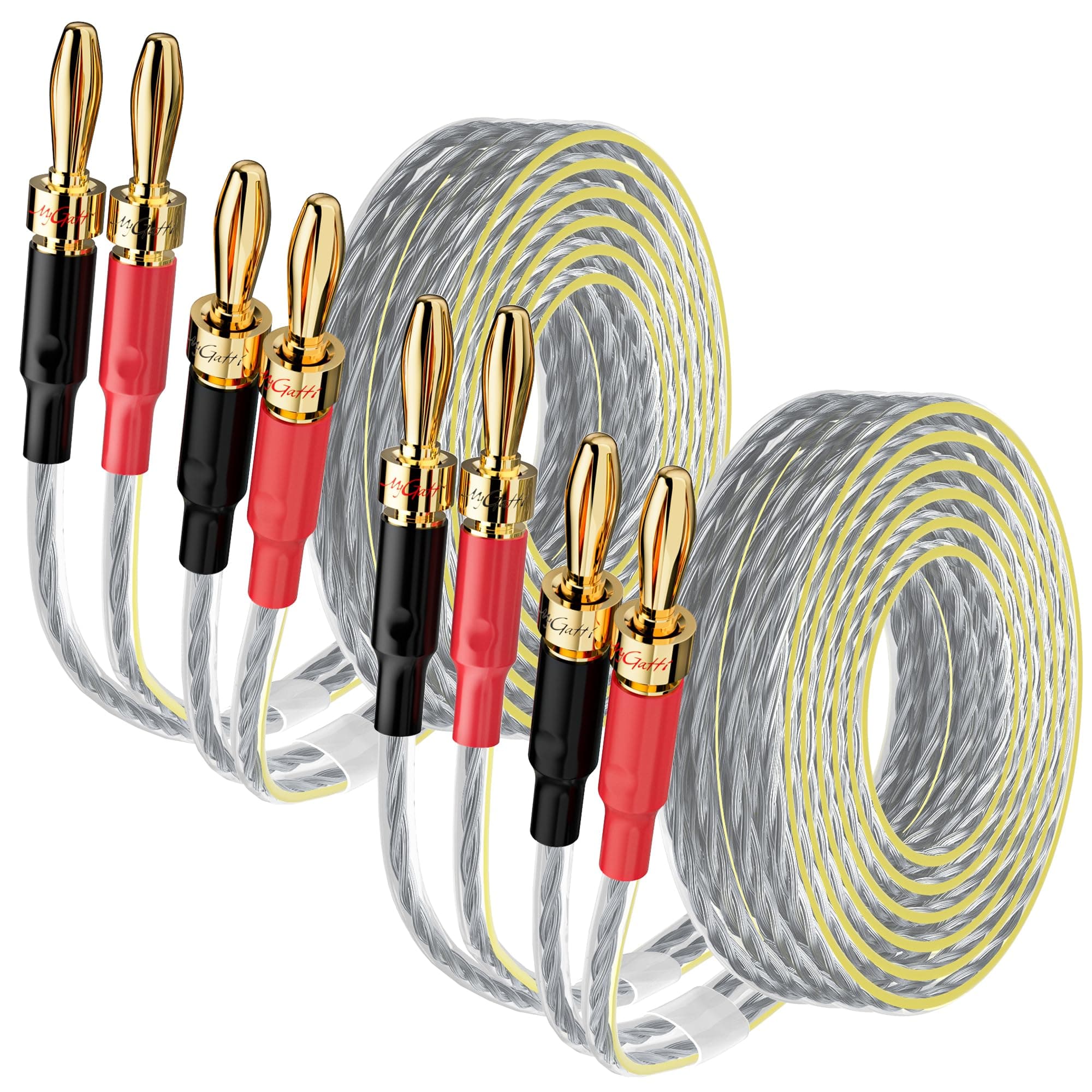 2 Pack 16/2 Speaker Flat Wire Cable with Banana Tip Plugs 10 FT, CL3 Rated, 16 Gauge AWG Wire, Tinned OFC Copper, Transparent Jacket with Yellow Polarity Marker, for Indoor & Outdoor, Hi-Fi