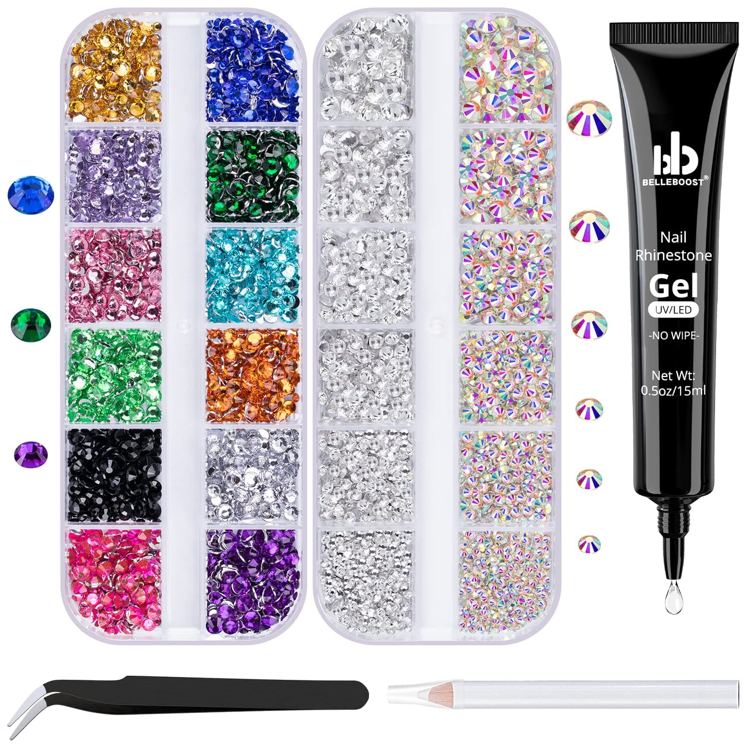 Nail Art Rhinestone Glue Gel&2 Boxes Flatback Gems Accessories Kit, 1 Tube of 15ml Rhinestone Gel Glue(UV/LED Needed)+Colorful Gems+Flat-back Round Glass Crystal AB&Clear Gemstones with Pickup Tools