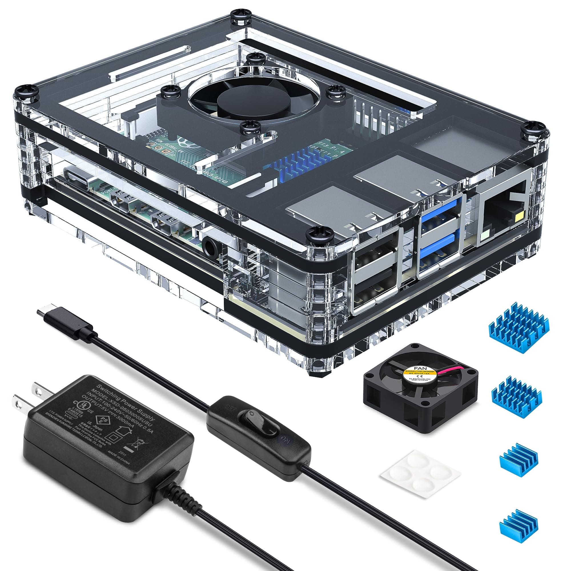 Case for Raspberry Pi 4, Raspberry Pi 4 B Case with Fan 35mm, Pi 4 Model B 5V 3A Type-C Power Supply for Pi 4 B case, 4 pcs Aluminum Heatsinks Support Rpi 4B 8gb/4gb/2gb (No Raspberry Pi board