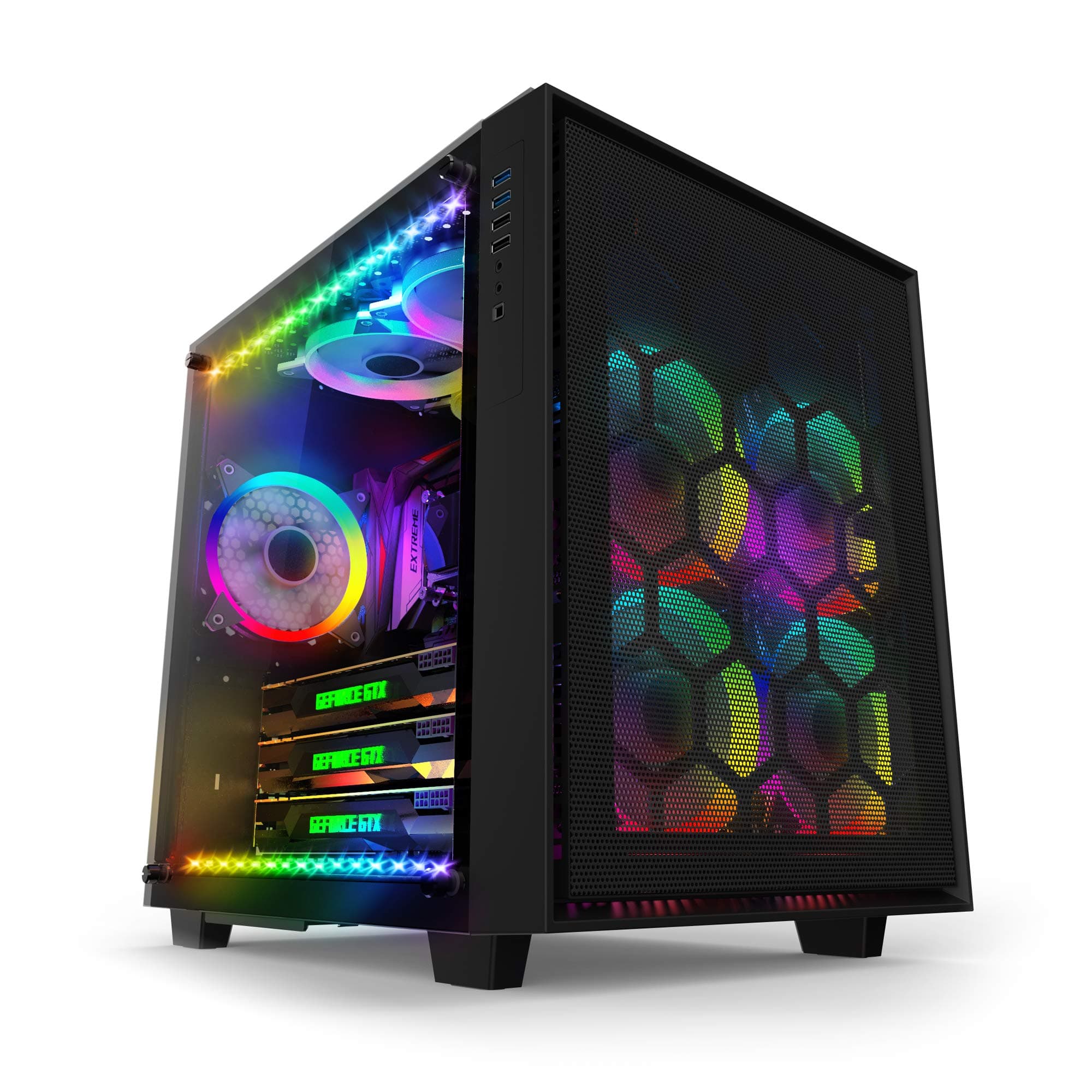 A ANIDEES AI Crystal Cube Mesh Front Panel AR V3 Dual Chamber Tempered Glass EATX / ATX PC Gaming Case w/ 5 RGB PWM Fans / 2 LED Strips - Black AI-CL-Cube-MAR3
