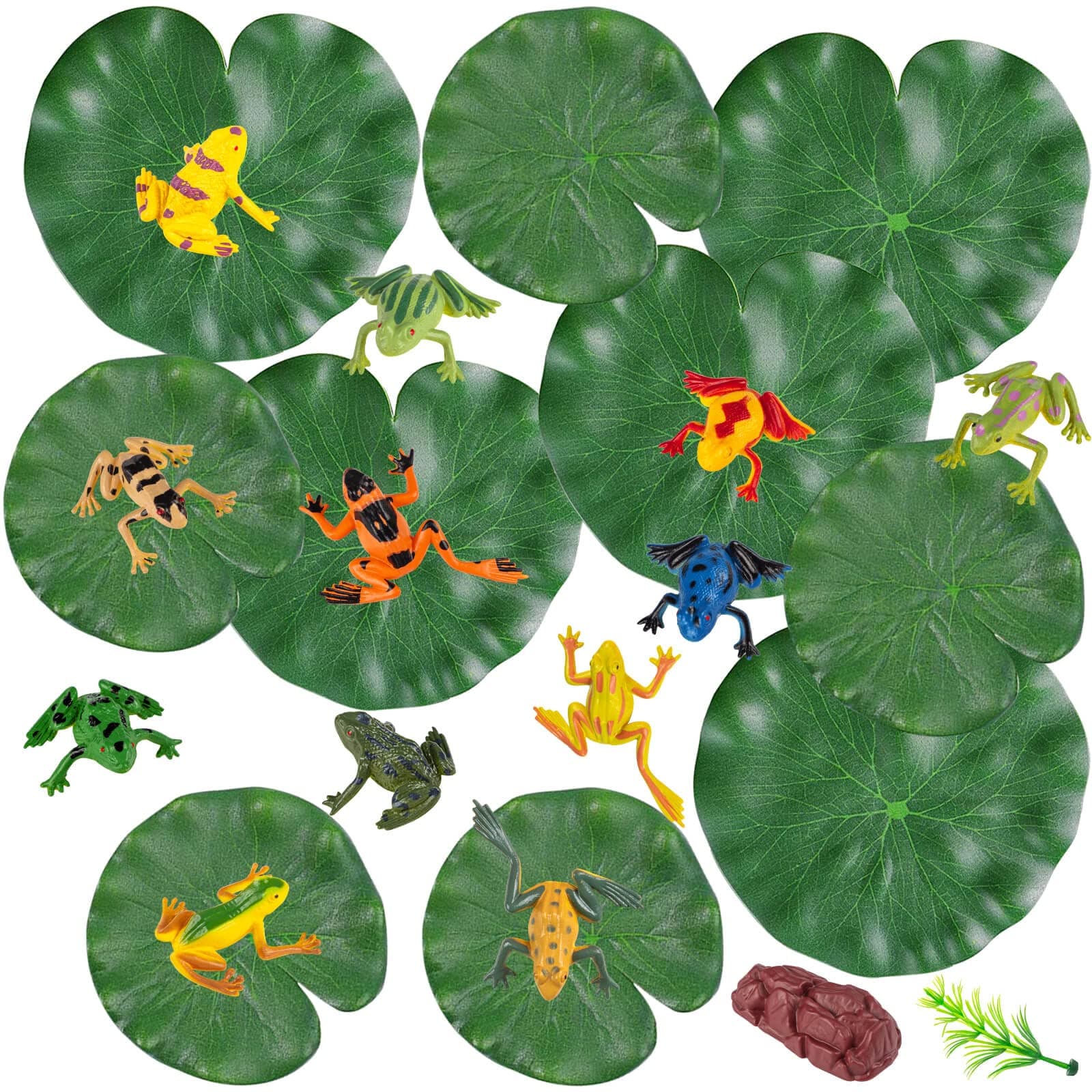 22PCS Lily Pad and Plastic Frogs Set, 12 PCS Plastic Frog Figures Model Colorful Frog 10 PCS Artificial Lotus Leaves Floating Lotus Leaves for Pond Pool Crafts Decoration