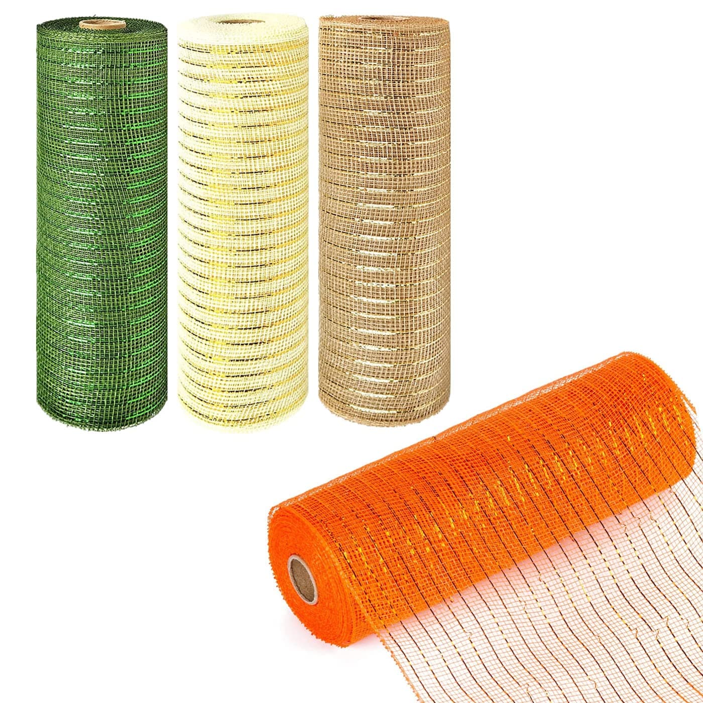 4 Rolls 10 Inchx10 Yards Fall Poly Mesh Ribbon Deco,Mesh Fall Poly Burlap Deco Mesh Rolls,Off White/Green/Natural/Orange Autumn Metallic Foil Deco for Wreath Making,Swag,Bow,Fall Garland Decor