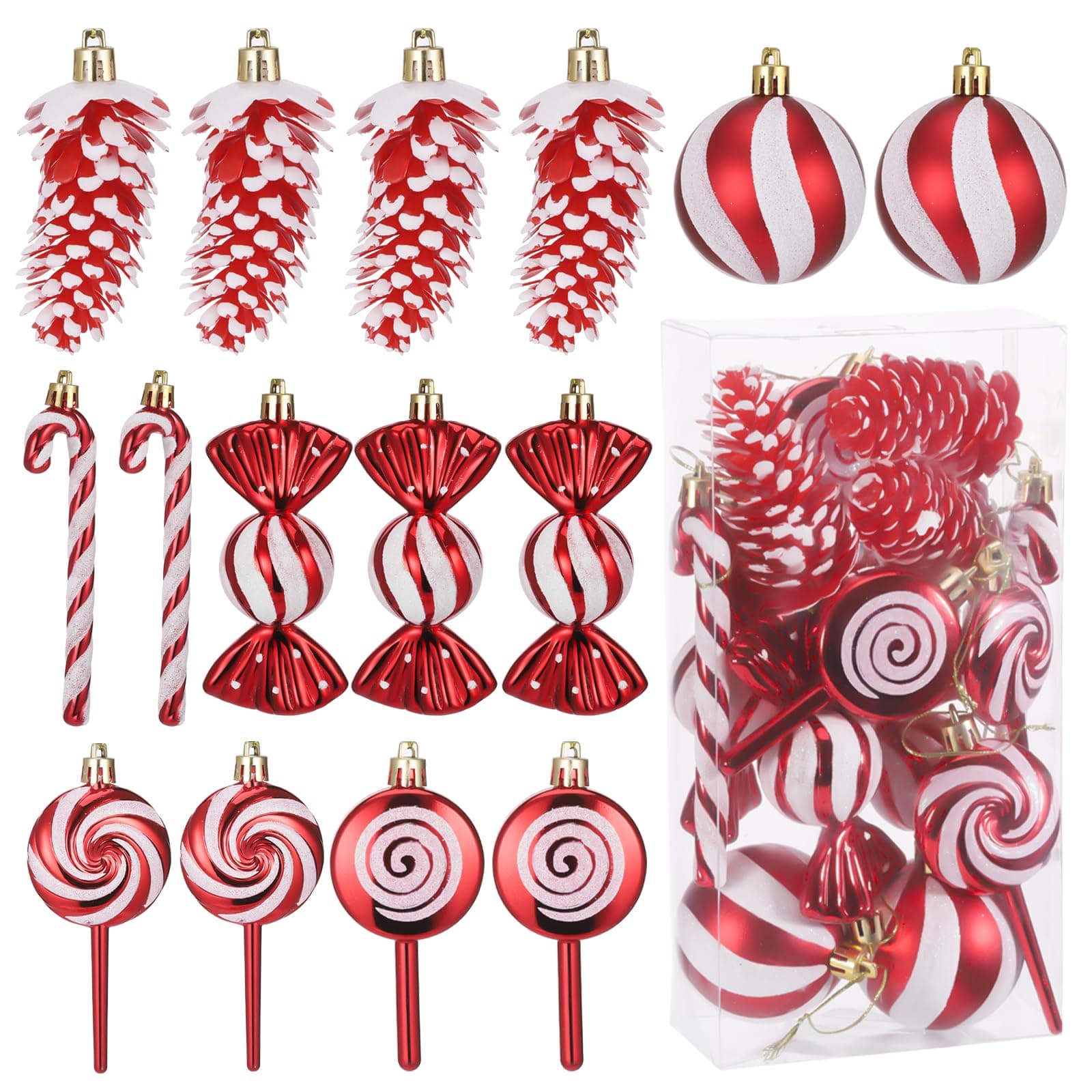 15Pcs Christmas Tree Decorations Glitter Candy Pine Cones Cane Lollipop Ball Hanging Ornaments with Rope, Christmas Baubles Ornaments for Xmas Home Decor (Red & White)