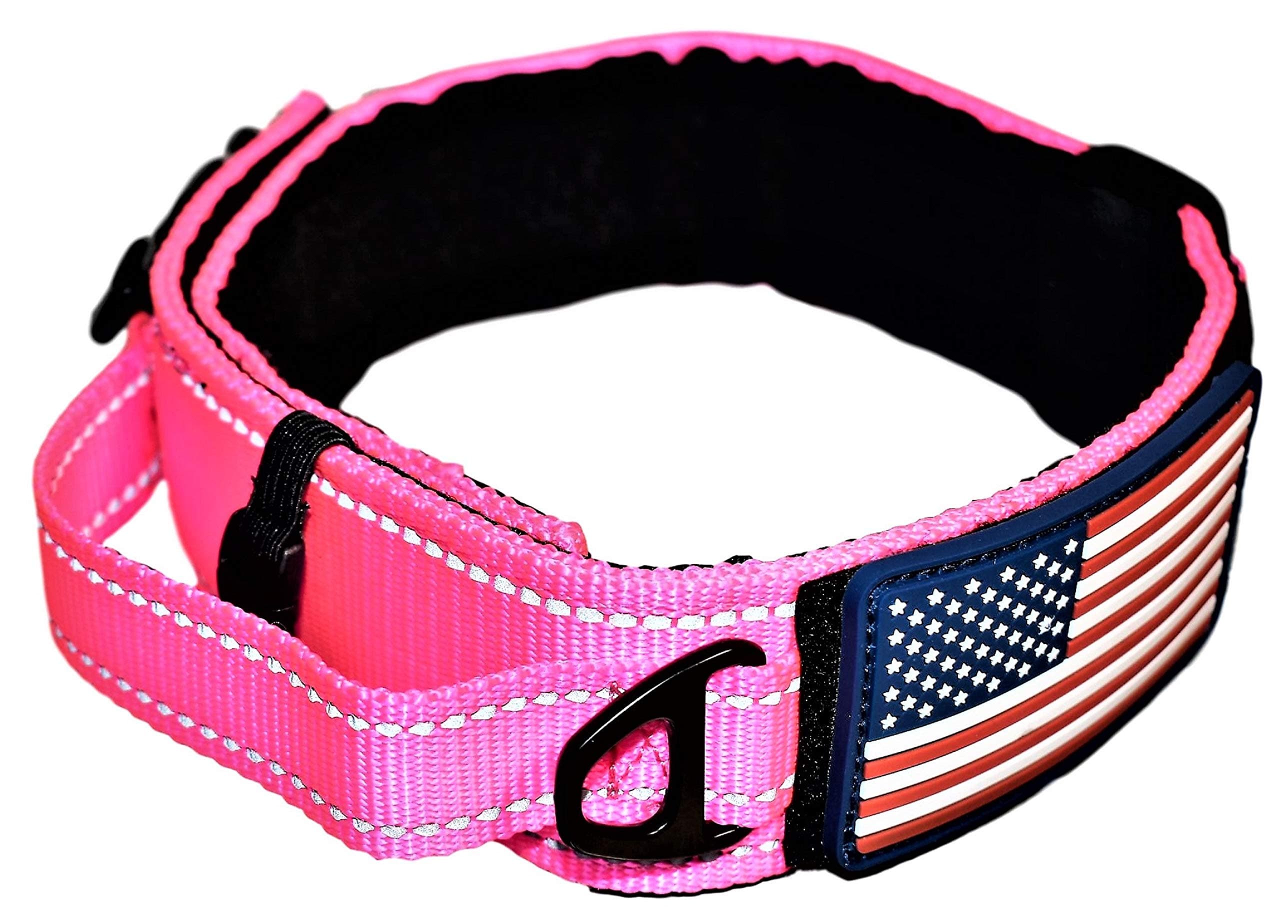 DOG COLLAR WITH CONTROL HANDLE QUICK RELEASE METAL BUCKLE HEAVY DUTY MILITARY STYLE 2" WIDTH NYLON WITH USA FLAG GREAT FOR HANDLING AND TRAINING LARGE CANINE MALE OR FEMALE K9 (PINK NEW BUCKLE)