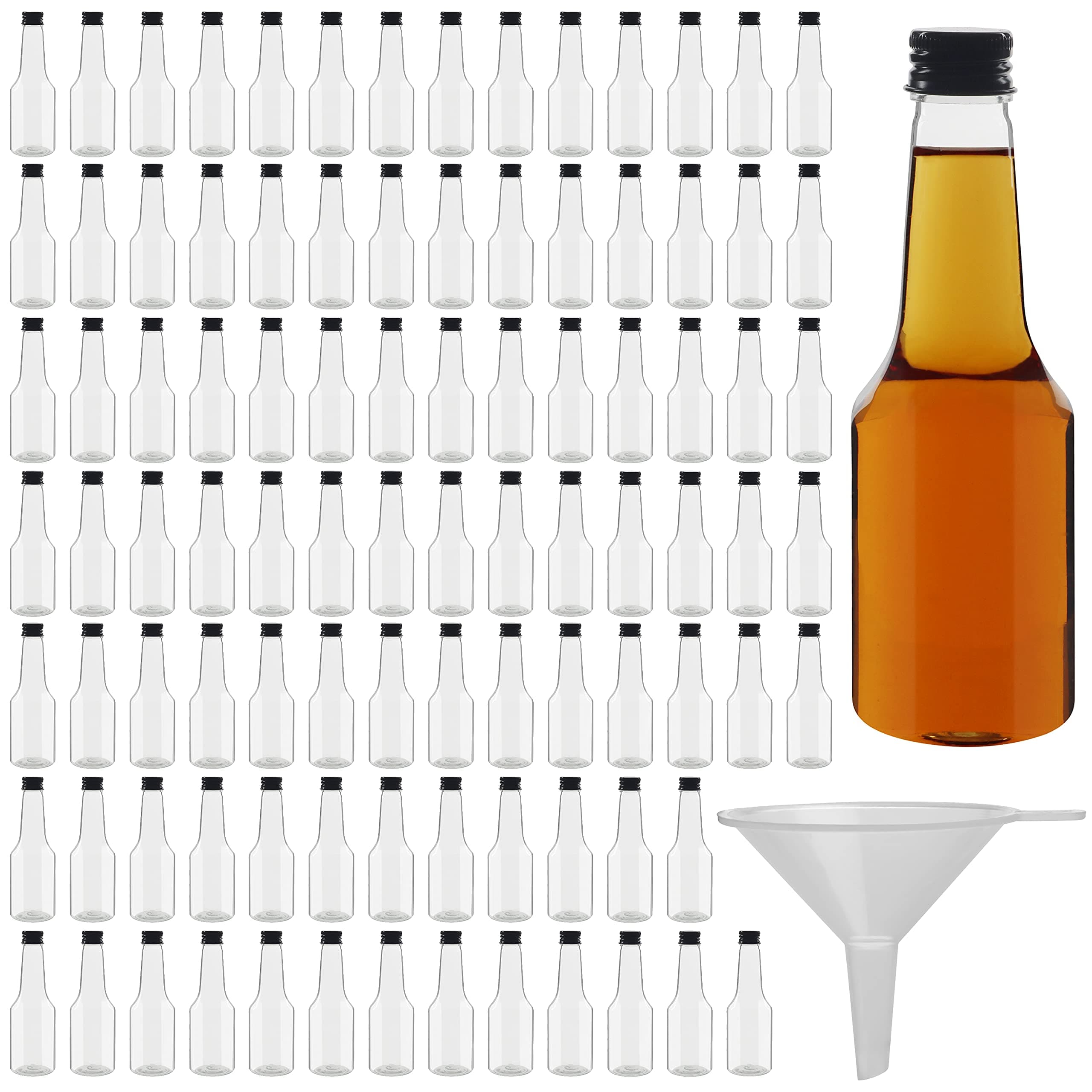 BELLE VOUS 96 Pack Mini Liquor Bottles - Reusable Plastic 100ml Empty Spirit Bottles with Black Screw Caps and Liquid Funnel for Easy Pouring, Bottle Filling - Miniature Bottles for Weddings/Parties