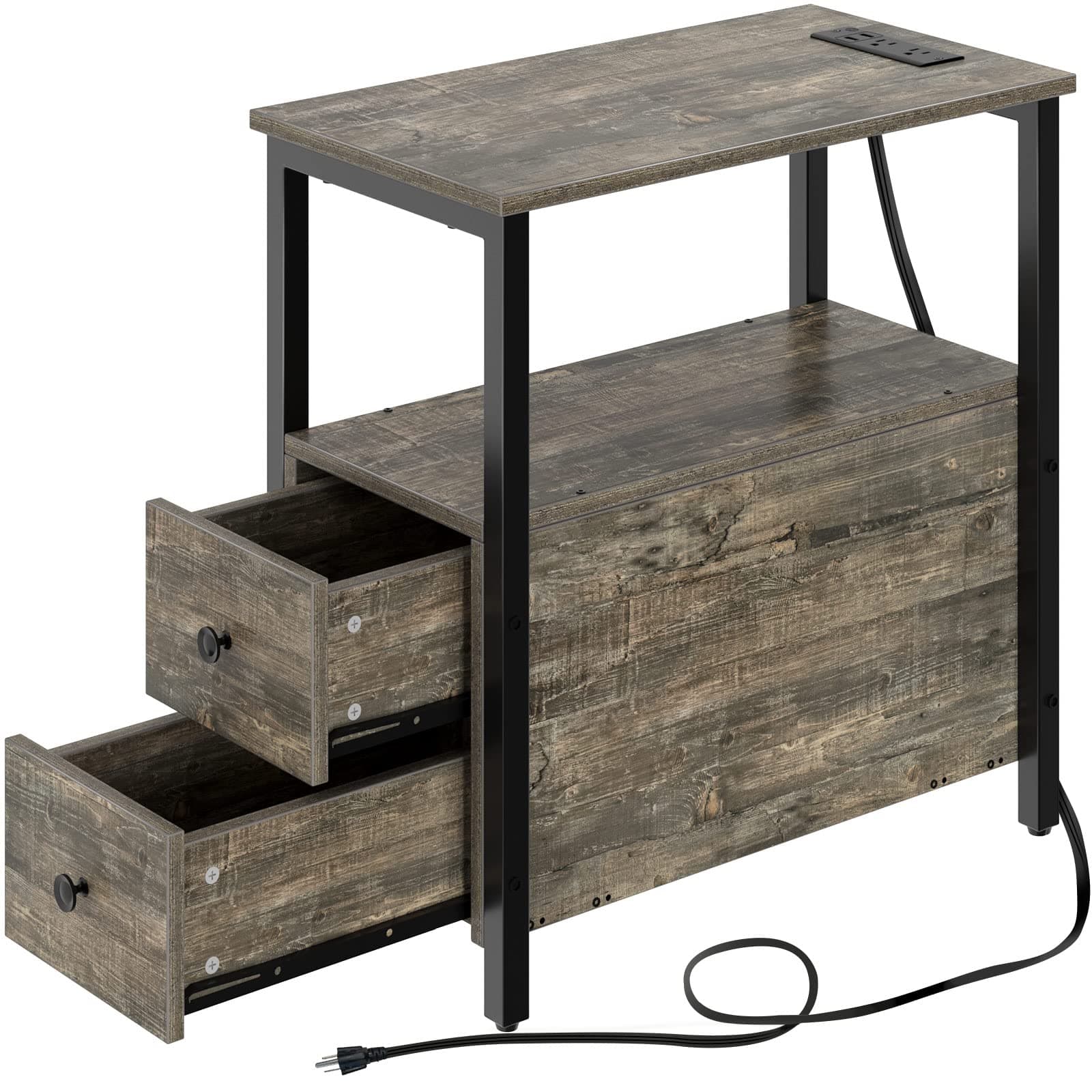 Rolanstar End Table with Charging Station, Narrow Side Table with 2 Wooden Drawers, USB Ports and Power Outlets, Nightstand Sofa Table for Small Spaces, Living Room, Bedroom, Gray