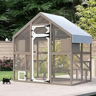 71" H Catio Outdoor Cat Enclosure Weatherproof, Large Walk-in Catio Cat Patio Attached Window for Multiple Cats, Waterproof Kitty Enclosure Outside with 2 Condos, 6 Platforms