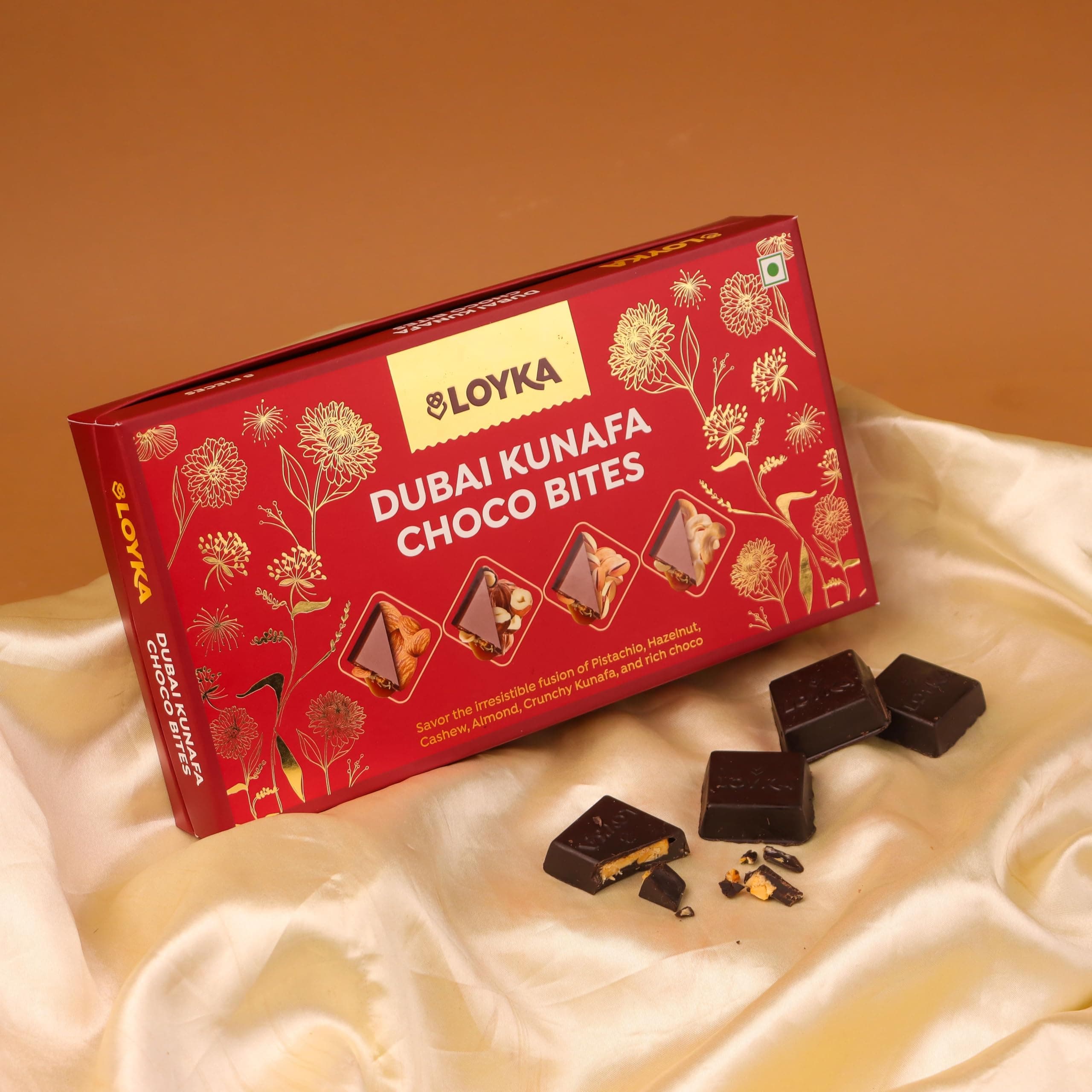 Loyka Dubai Kunafa Choco Bites | Premium Middle Eastern Dessert Gift Box | 8 Pcs – Pista, Hazelnut, Almond & Cashew Kunafa Bites Coated in Dark Chocolate | Diwali Gift | Gourmet Chocolate Sweet