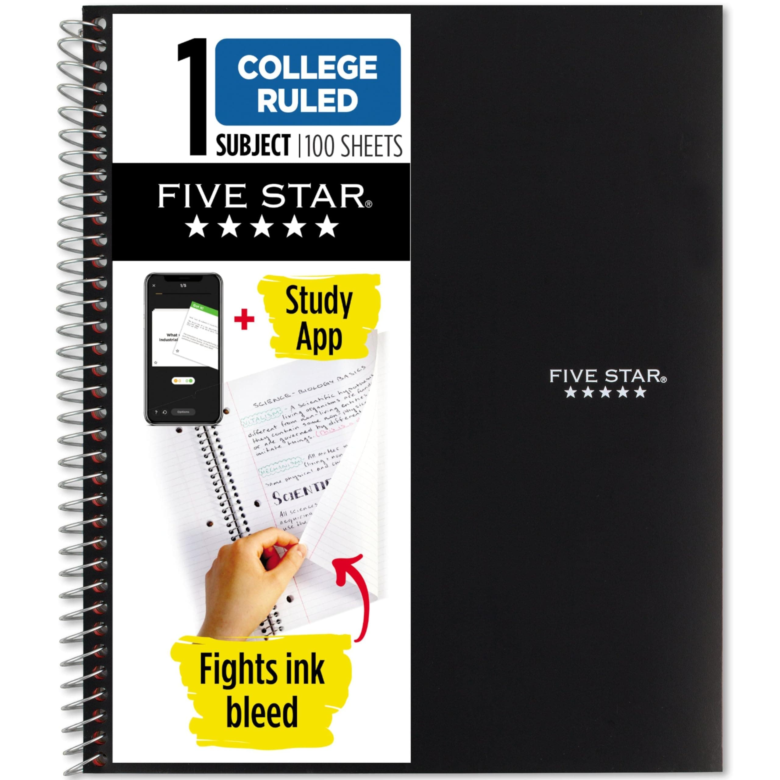 Five Star Spiral Notebook Plus Study App, 1 Subject, College Ruled Paper, 100 Sheets, 8-1/2" x 11", School, Black (72057)