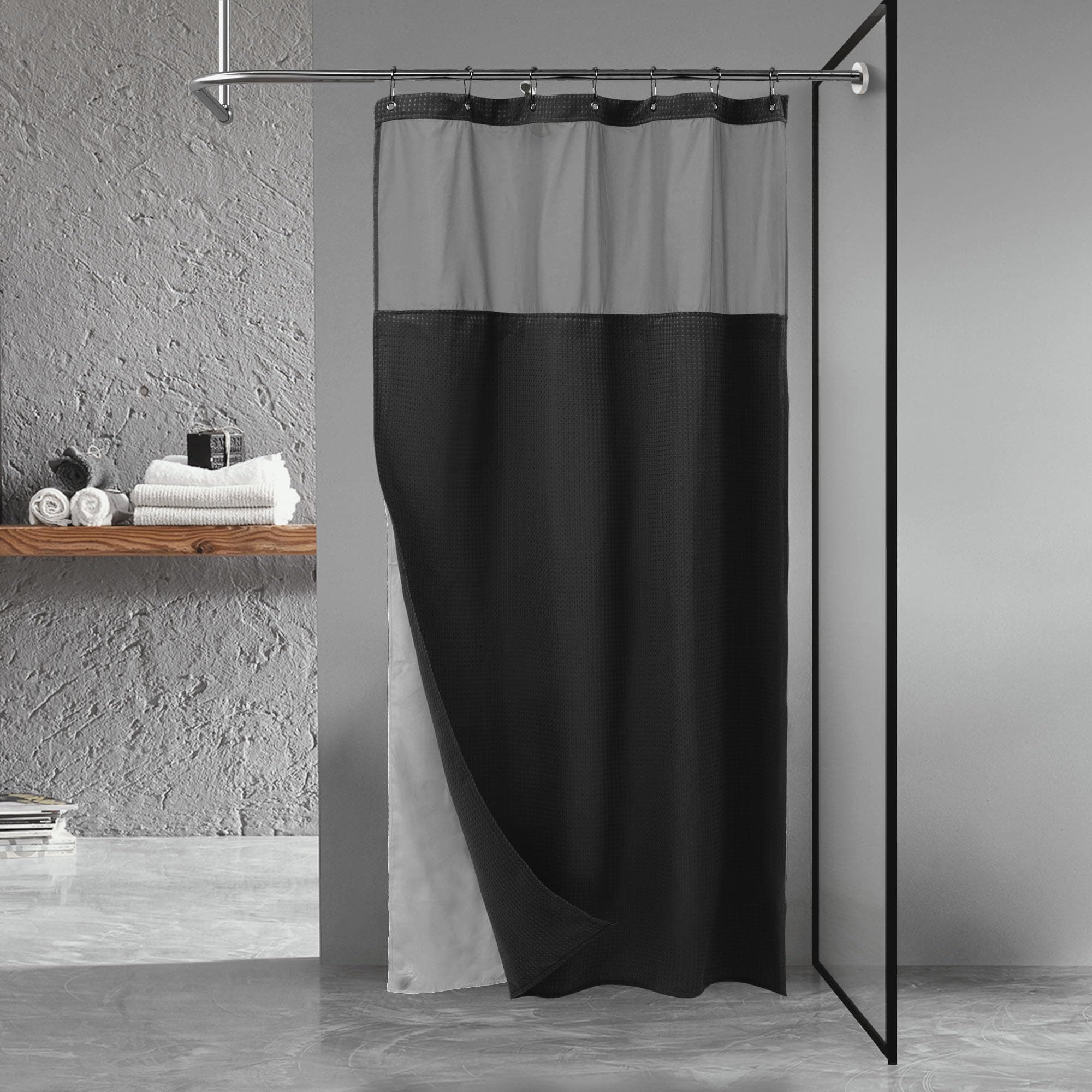 N&Y HOME Stall Waffle Weave Shower Curtain with Snap-in Fabric Liner & Hooks Set - 36" x 72" Small Shower Stall Size, Hotel Style & Mesh Top Window, Machine Washable - 36x72, Black